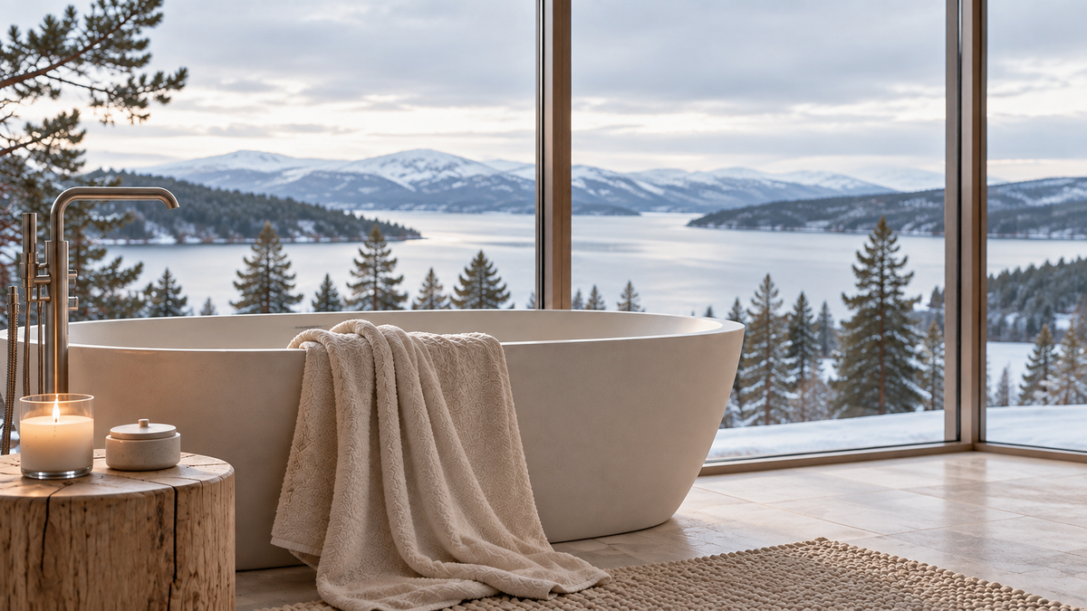 Rituel beauté scandinave dans un intérieur nordique avec baignoire, serviette ivoire et vue sur un paysage enneigé – Hazellia