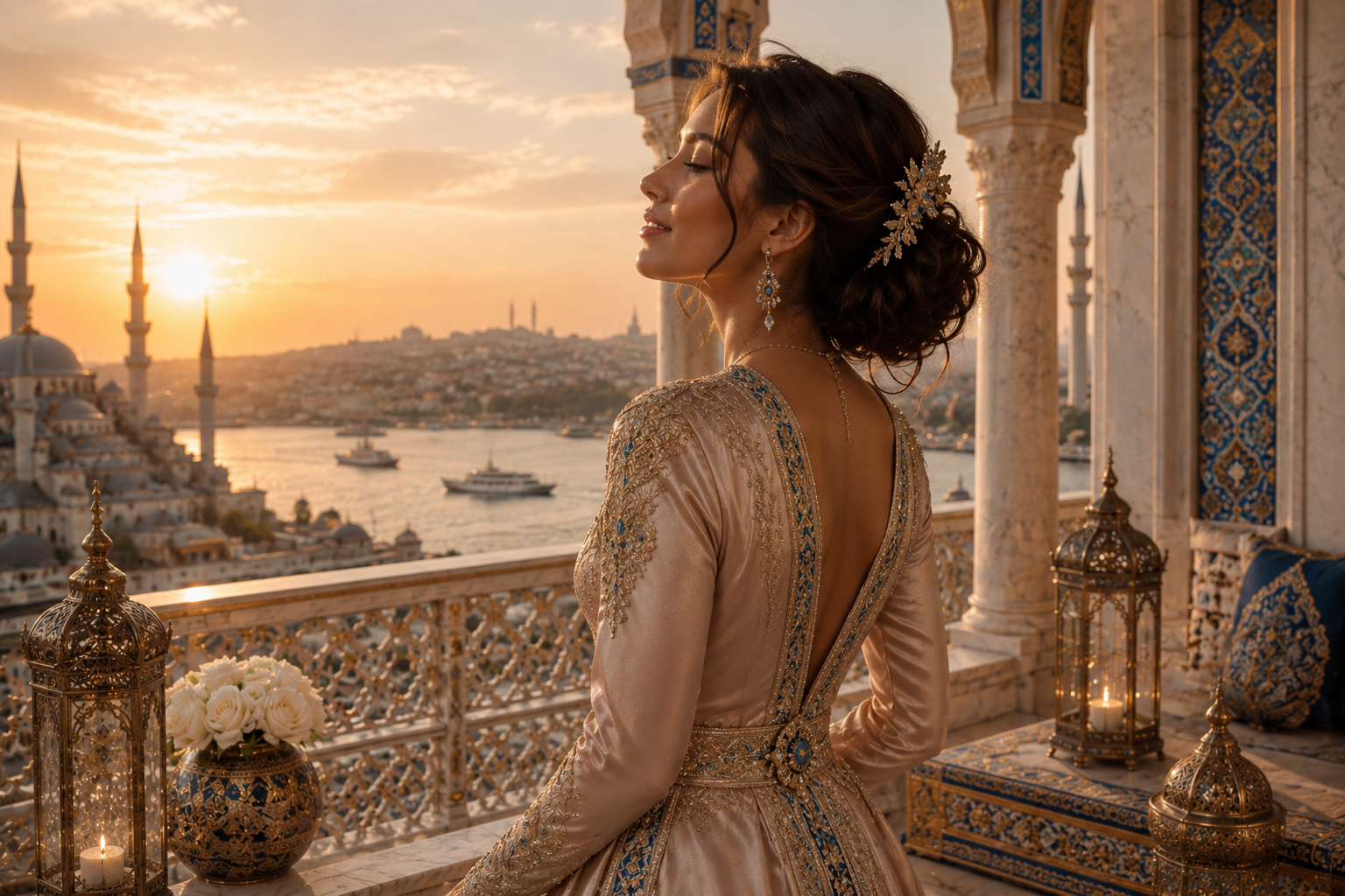 Femme élégante portant un caftan ottoman rose poudré sur une terrasse luxueuse face à Istanbul au coucher du soleil, ambiance Hazellia Voyage Élégance Turque, mosaïques bleues, lanternes orientales et esthétique couture premium.