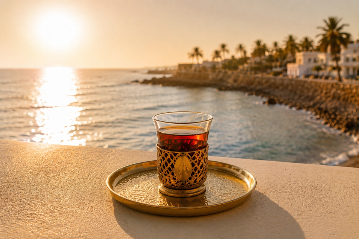 Rituel d’infusion sénégalais, verre de thé sur plateau doré face à la côte du Sénégal – Sénégal Soleil Hazellia