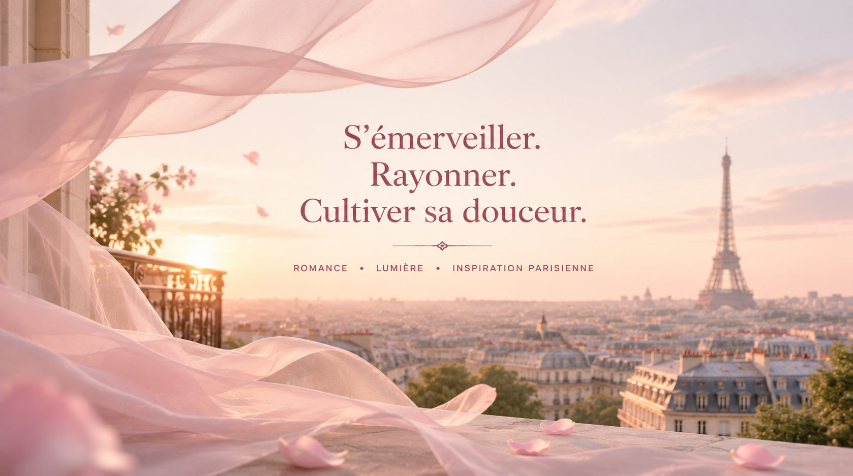 Pink Elixir Hazellia, univers parisien romantique avec voile rose poudré aérien, Tour Eiffel en arrière-plan et ambiance féminine élégante.