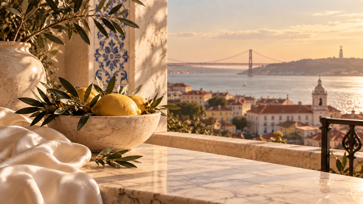 Bannière Évasion Lisbonne : terrasse lumineuse aux tons dorés avec citrons, feuillage d’olivier et vue raffinée sur Lisbonne au coucher du soleil