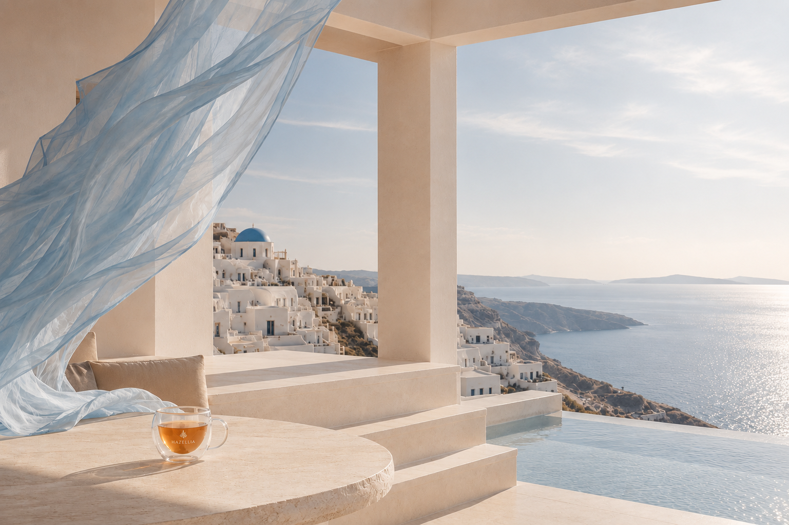 Terrasse méditerranéenne Hazellia face à la mer Égée avec vue panoramique sur Santorin, architecture minimaliste ivoire, voile bleu poudré, mug d’infusion en verre sur table en pierre et ambiance luxe inspirée de la Grèce.