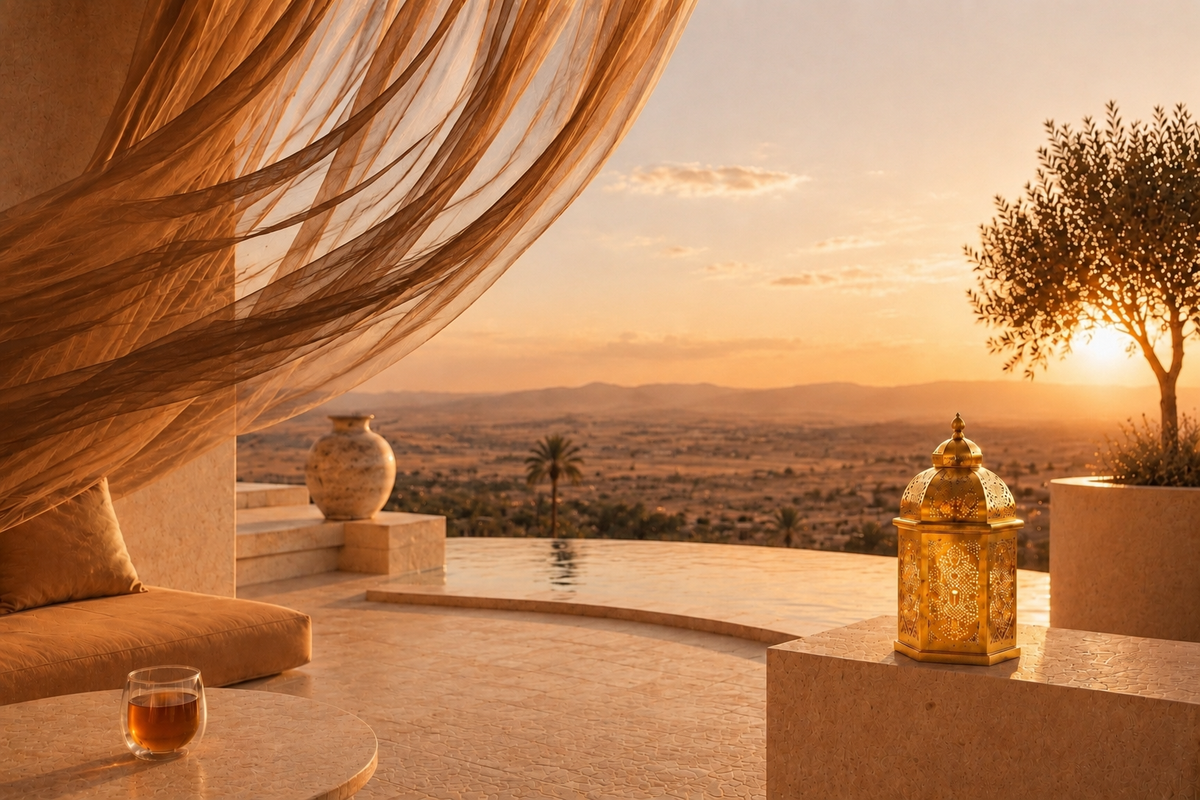Terrasse orientale au coucher du soleil dans l’univers Fauve Kiss, Femme Audacieuse Hazellia – Orient Doré