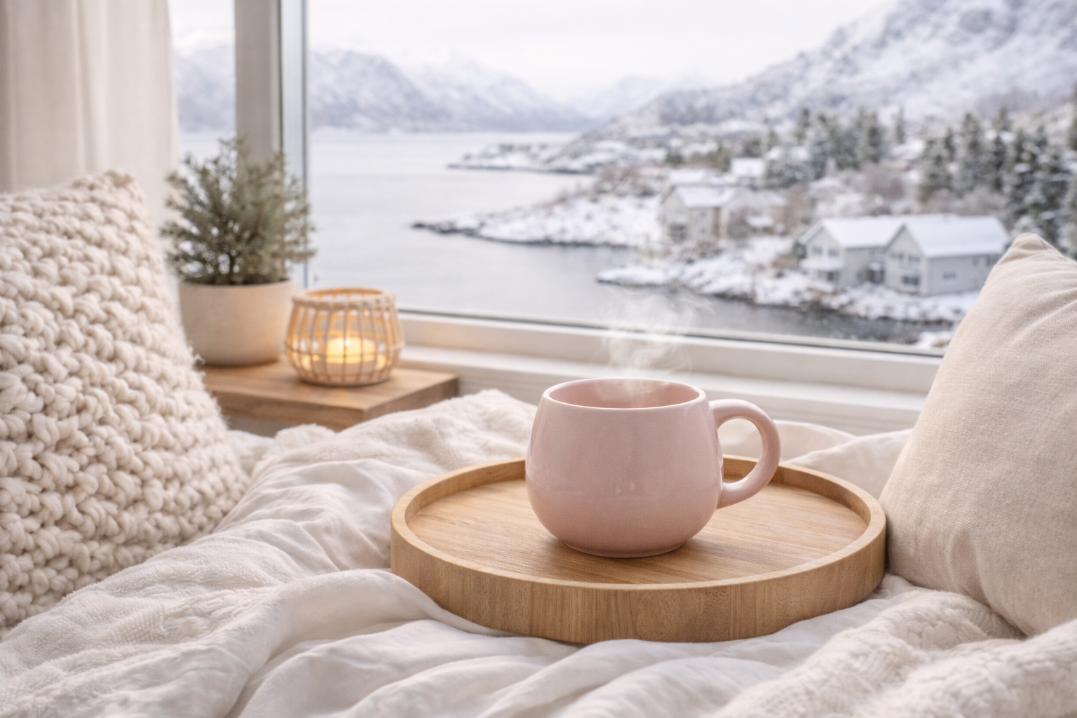 Infusion chaude Hazellia dans une tasse rose sur plateau en bois, ambiance cocooning scandinave avec plaid, bougie et paysage enneigé à la fenêtre.
