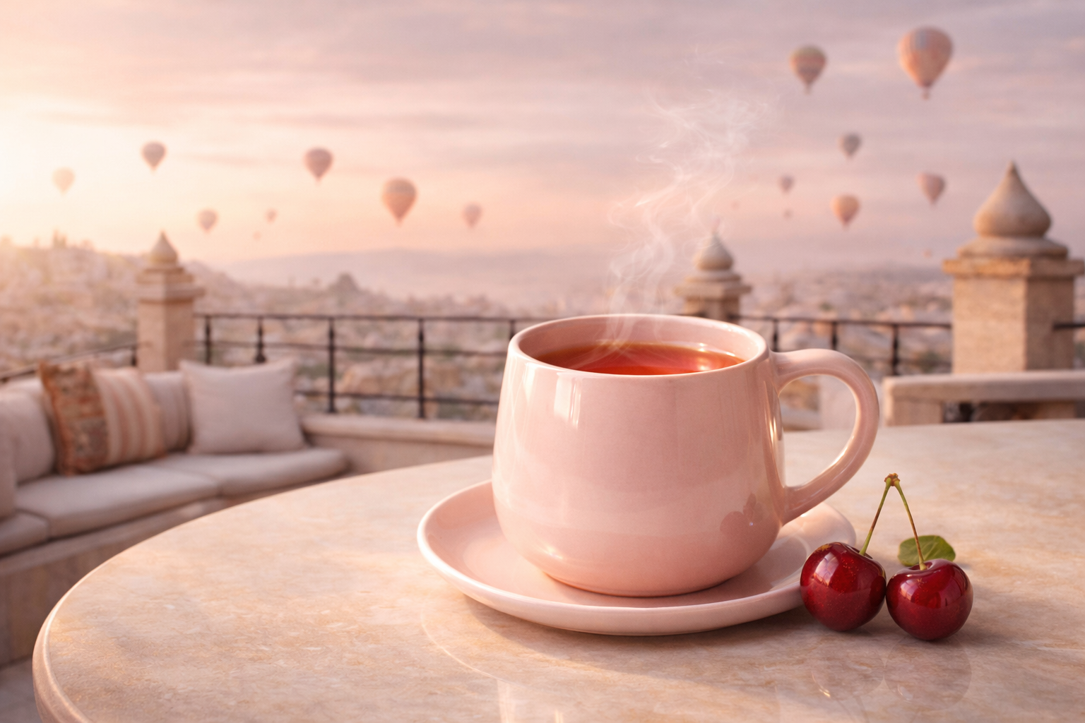 Infusion Cherry Tox Hazellia dans un mug rose poudré sur terrasse turque au lever du soleil avec montgolfières, rituel drainage féminin.