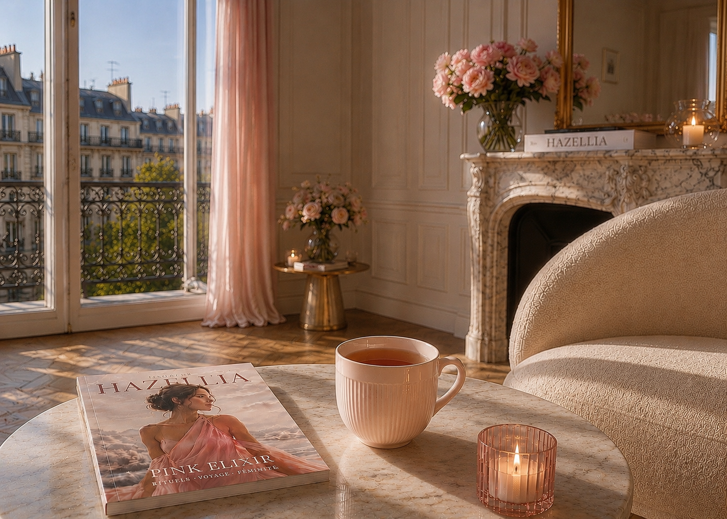 Rituel Pink Elixir Hazellia dans un intérieur parisien de luxe avec mug en céramique rose poudré, infusion ambrée, magazine Hazellia, fauteuil ivoire et vue authentique sur les toits de Paris.