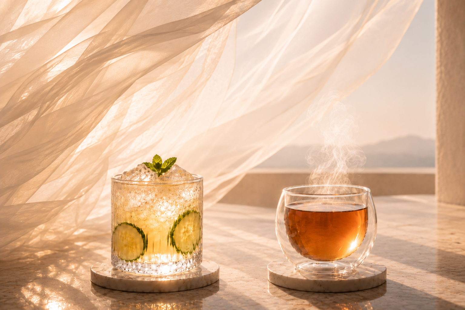 Infusion glacée et infusion chaude Hazellia sur terrasse minimaliste beige avec voile couture ivoire et lumière dorée premium