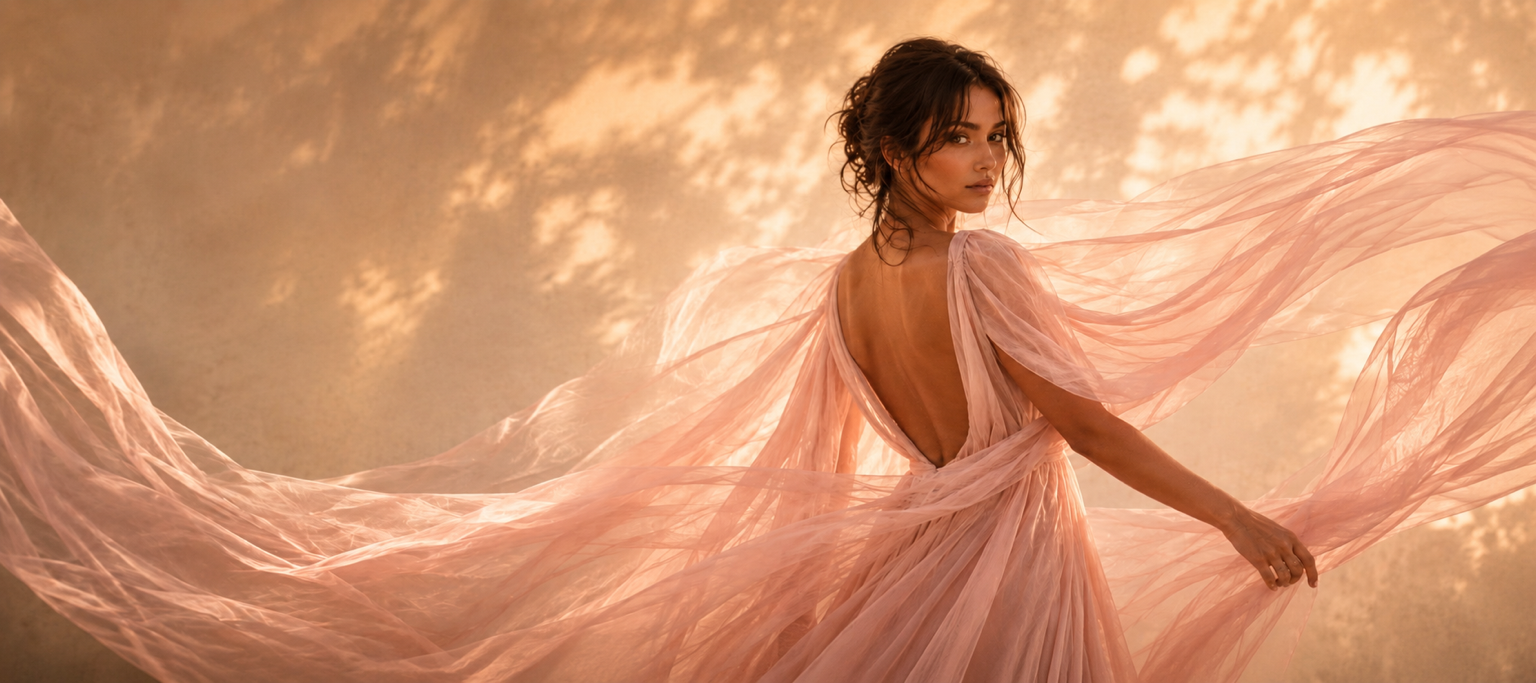Les Femmes Hazellia – Femme élégante en voile rose poudré, univers HazBloom, infusion féminine premium, rituel de bien-être, Maison Hazellia