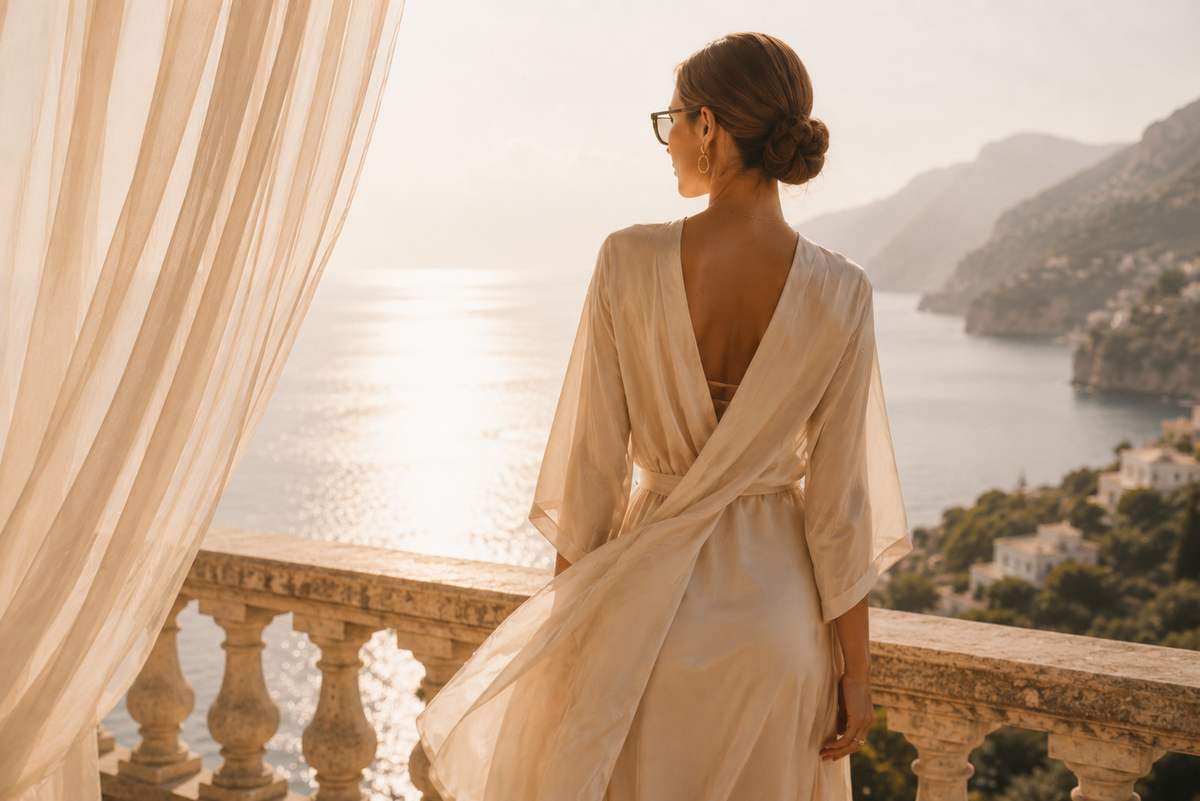 Élégance italienne – femme en robe ivoire face à la côte italienne, univers Dolce Vita Hazellia