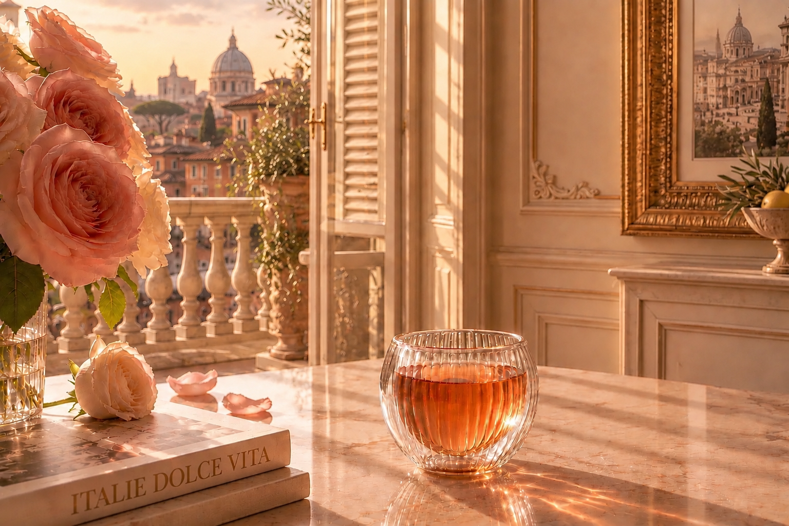 Infusion bio premium Muse Opal Hazellia dans un mug en verre double paroi, inspirée de l’univers Italie Dolce Vita, au cœur d’un intérieur italien lumineux et élégant.