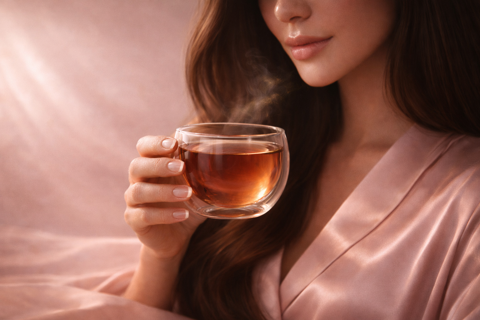Infusion premium HazBloom par Hazellia, femme élégante en robe satin rose tenant un thé chaud dans un verre double paroi, ambiance couture féminine.