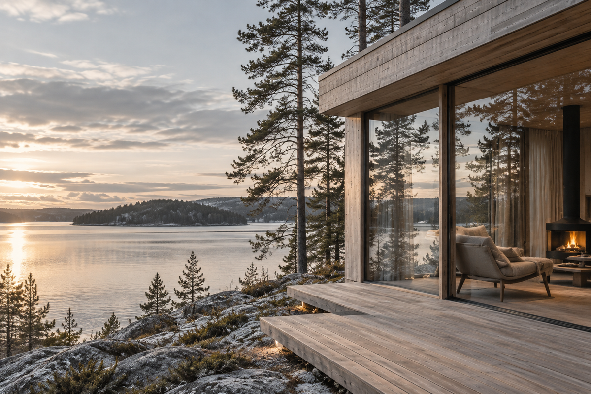 Maison scandinave contemporaine en bois au bord d’un lac à la lumière de fin de journée — Scandinavie Cocooning Hazellia
