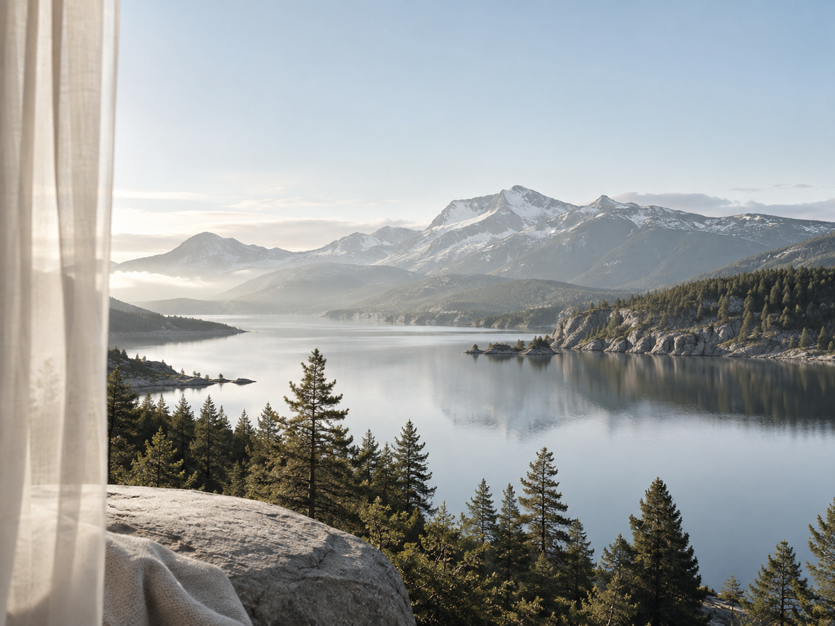 Paysage scandinave avec lac, montagnes et forêts de pins aperçu derrière un voile ivoire aérien – Évasion Scandinavie Cocooning Hazellia