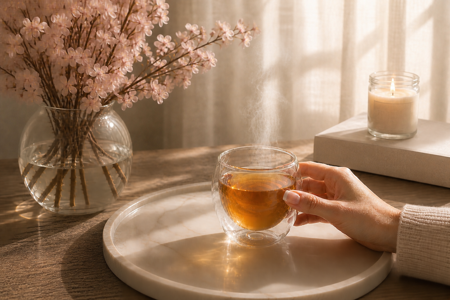 Infusion bien-être chaude dans verre élégant tenue par une main féminine, ambiance apaisante avec fleurs de cerisier et lumière naturelle Hazellia