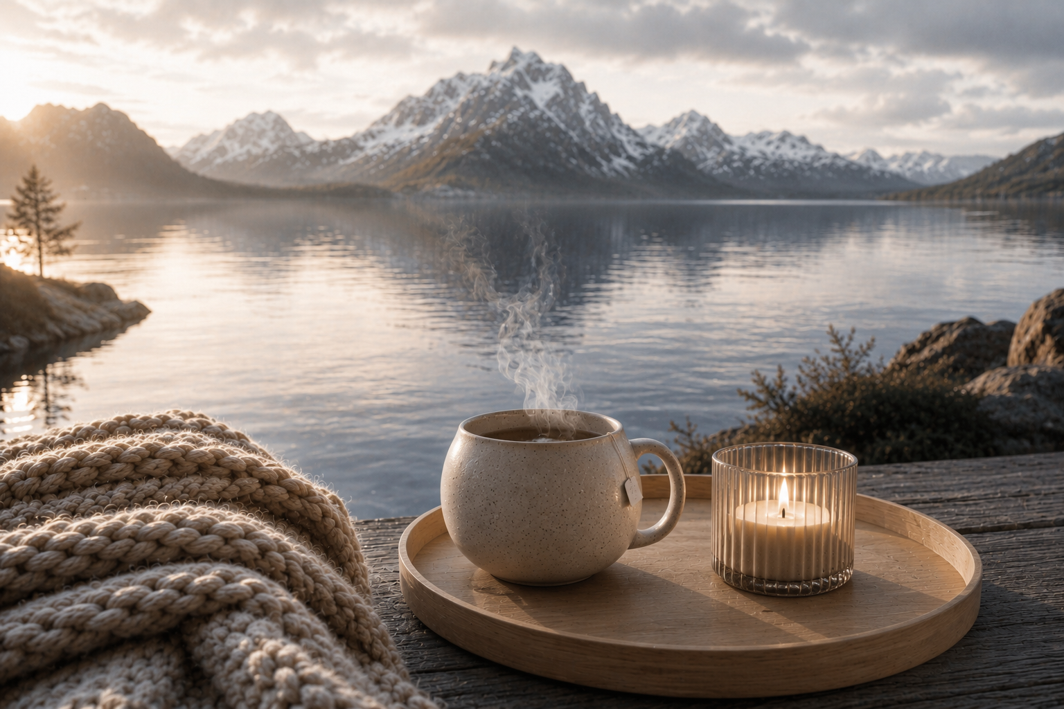 Scandinavie Cocooning par Hazellia Voyage – mug d’infusion fumant sur plateau en bois, bougie et plaid en grosse maille face à un fjord nordique et des montagnes enneigées.