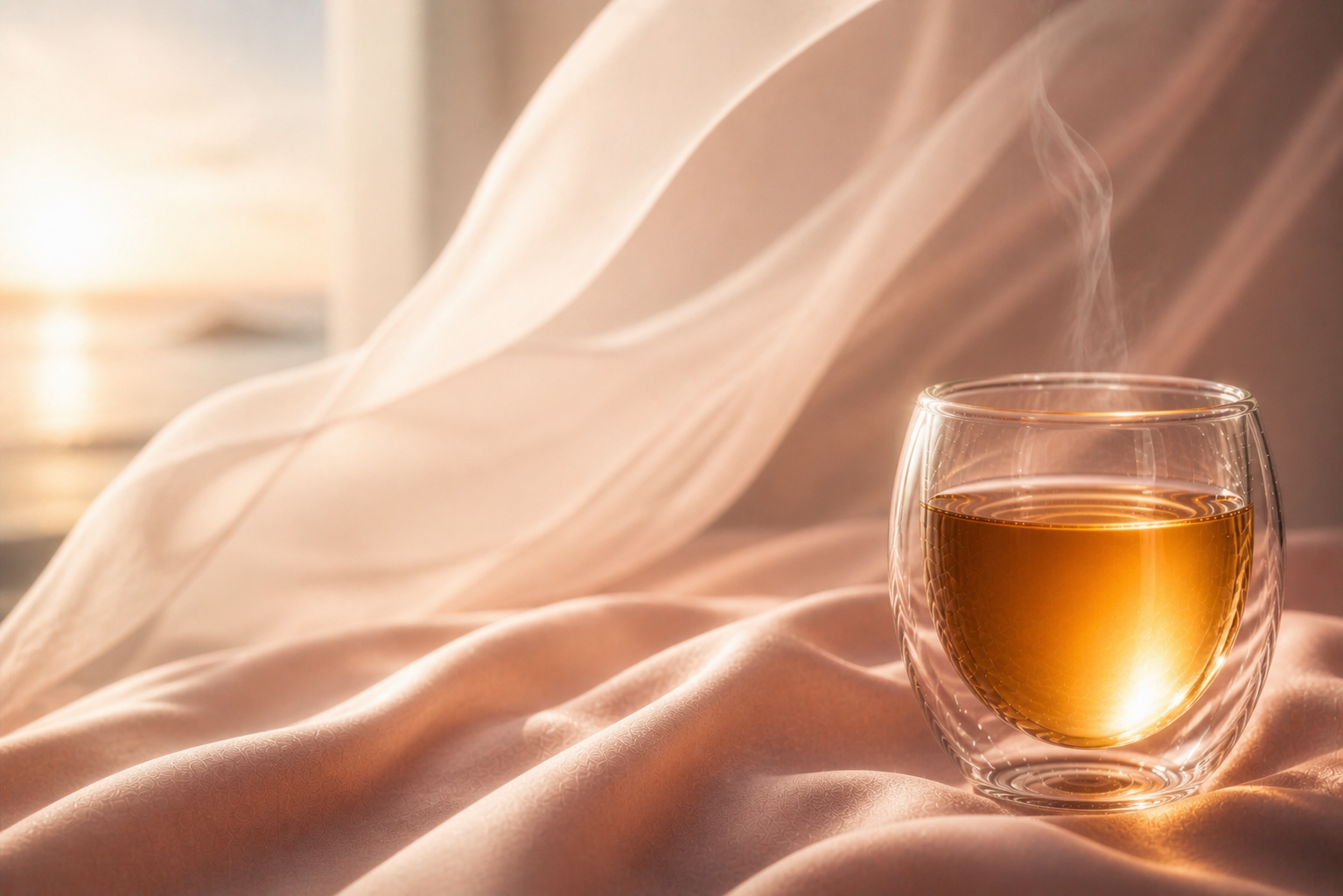 Infusion chaude dorée dans un verre double paroi sur satin rose avec voile fluide, ambiance bien-être, liberté et rituel féminin Hazellia