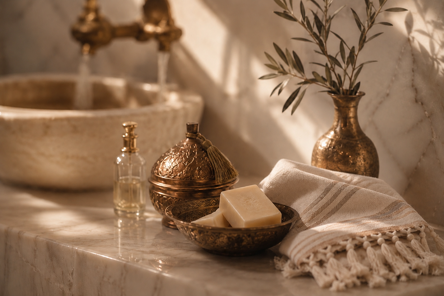 Rituel de beauté turque au hammam avec peştemal, savon traditionnel et accessoires de soin sur marbre