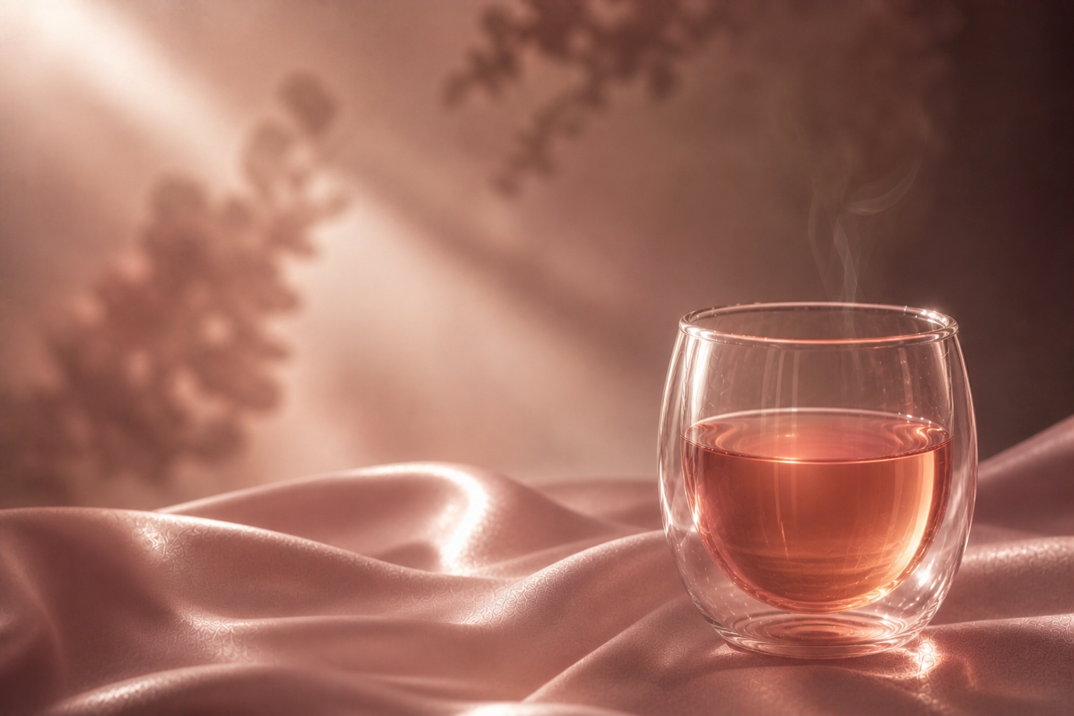 Infusion rose naturelle dans un verre double paroi sur tissu satin rose poudré avec lumière douce, rituel beauté et bien-être féminin Hazellia