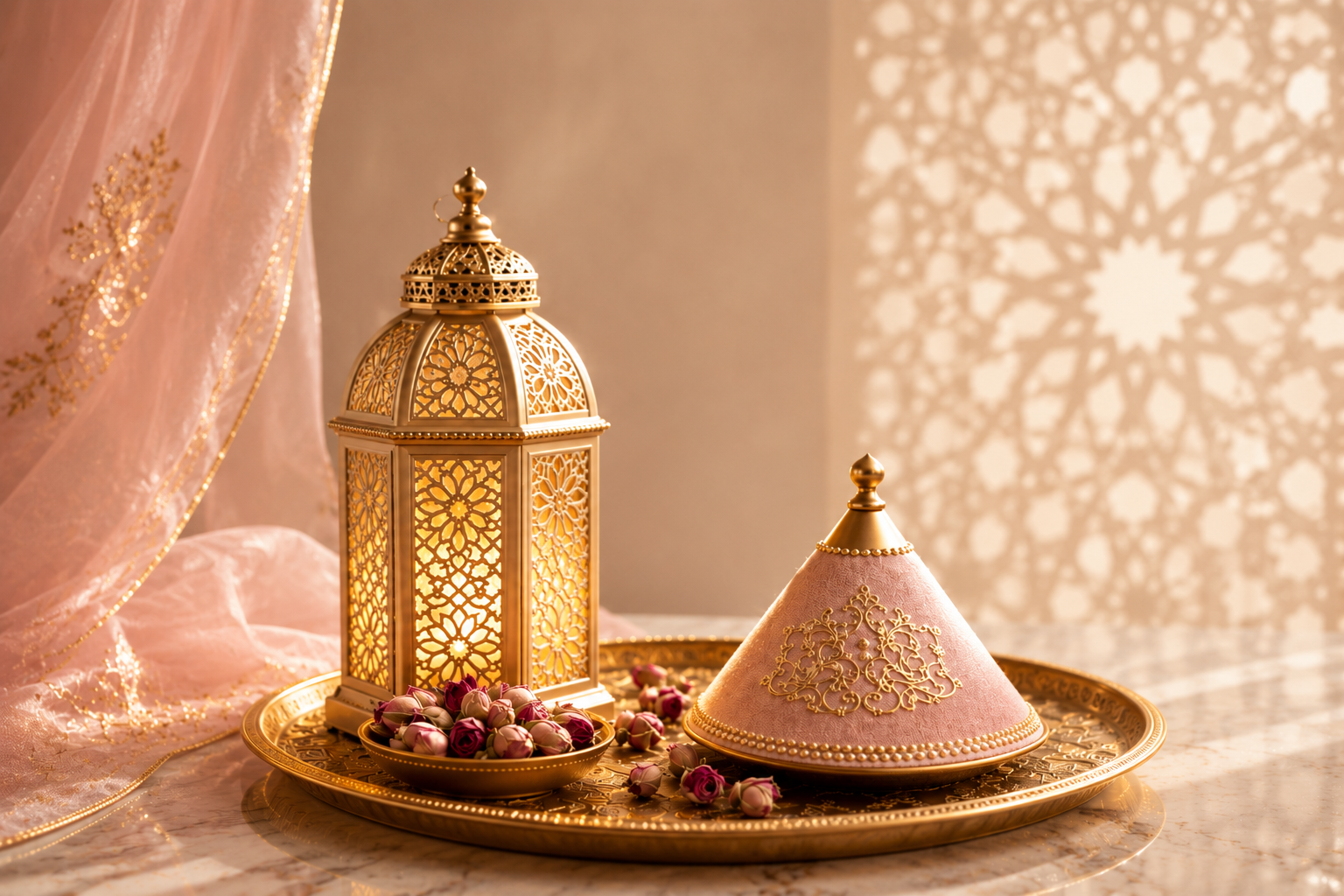 Plateau doré marocain avec une lanterne ajourée blanche et or, un petit tajine rose poudré et des boutons de rose séchés, posé sur un voile en soie rose, devant un mur marocain en mosaïque blanche sculptée — ambiance douce, chaleureuse et premium