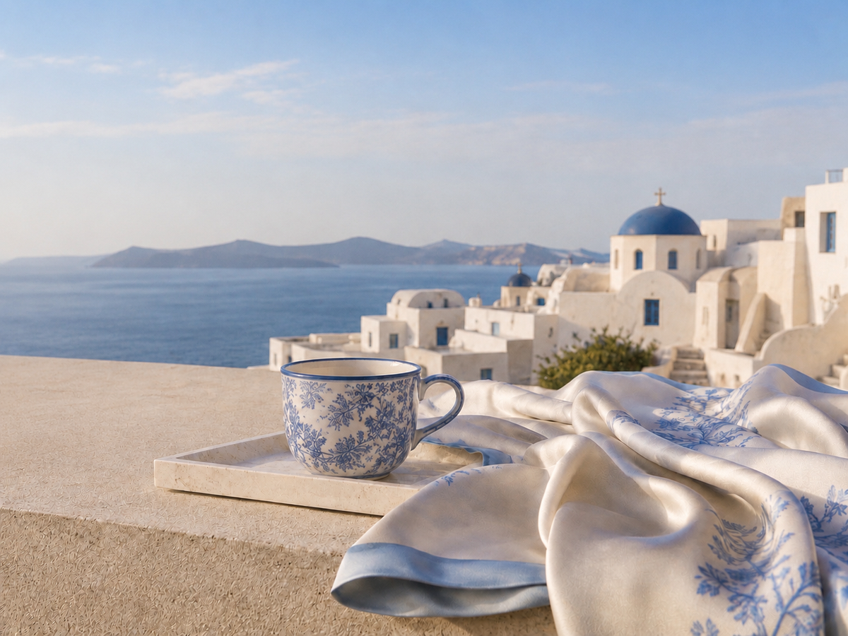 Évasion Grèce Éternelle, mug grec bleu poudré sur terrasse ivoire avec foulard satiné et vue sur les Cyclades – Hazellia