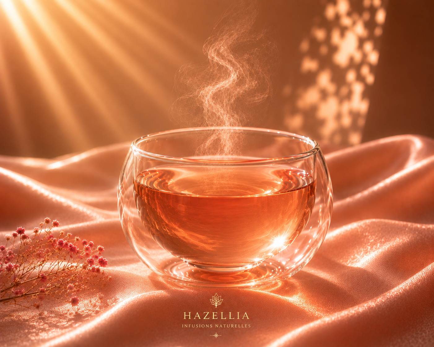 Pink Elixir Hazellia infusion chaude ambrée rosée dans un mug double paroi ovale sur satin pêche rosé lumineux, vapeur délicate et lumière dorée premium style campagne luxe infusion féminine.