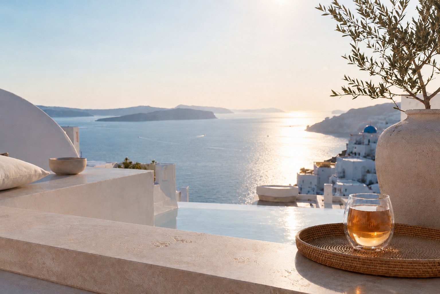Infusion bio premium Zéphyr Gleam dans un mug en verre Hazellia sur une terrasse contemporaine face à un paysage grec lumineux, entre blanc ivoire, bleu poudré et l’univers Grèce Éternelle.