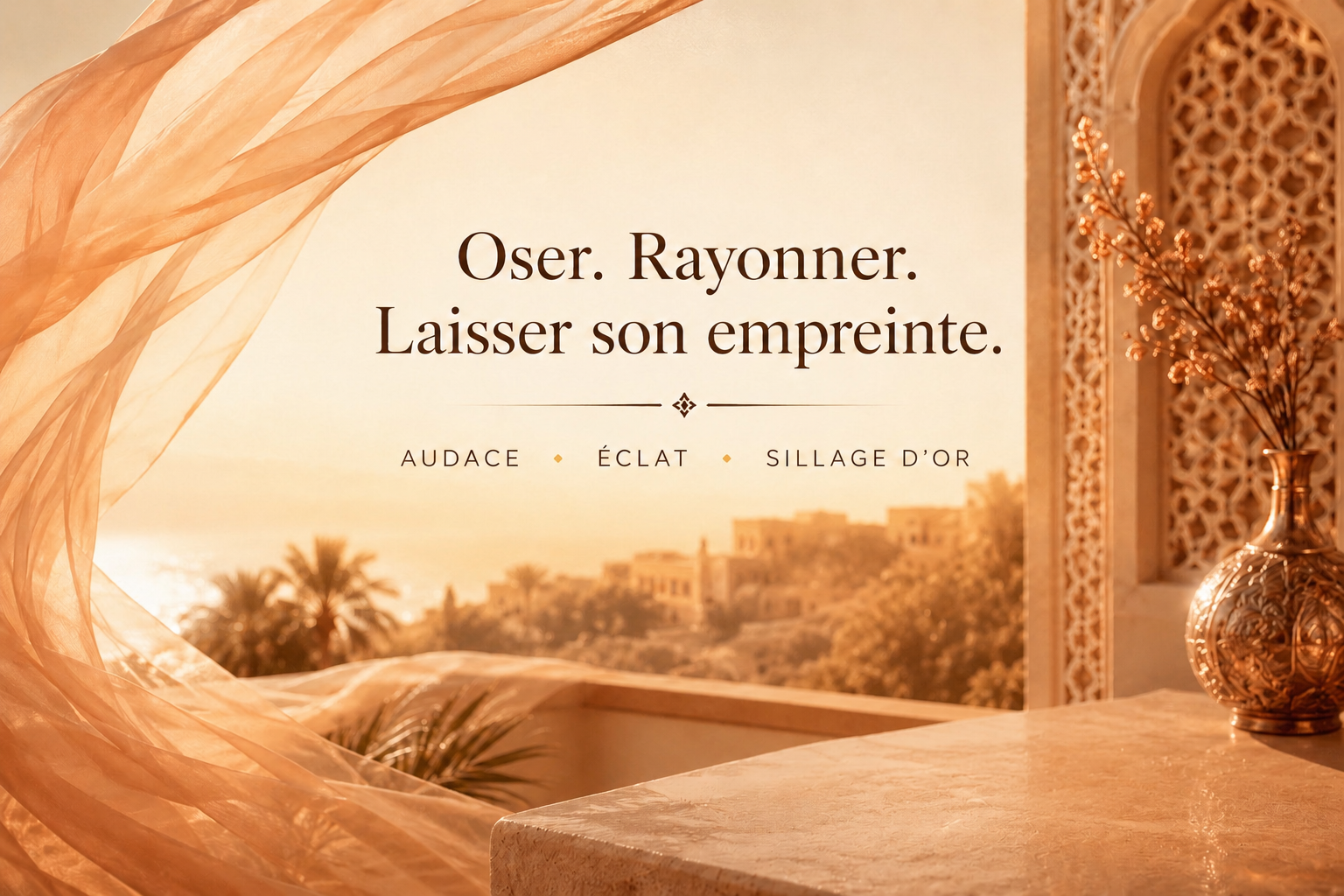 Bannière Amber Kiss Hazellia, univers Orient Doré aux tons ivoire pêche et ambre, voile aérien et lumière dorée