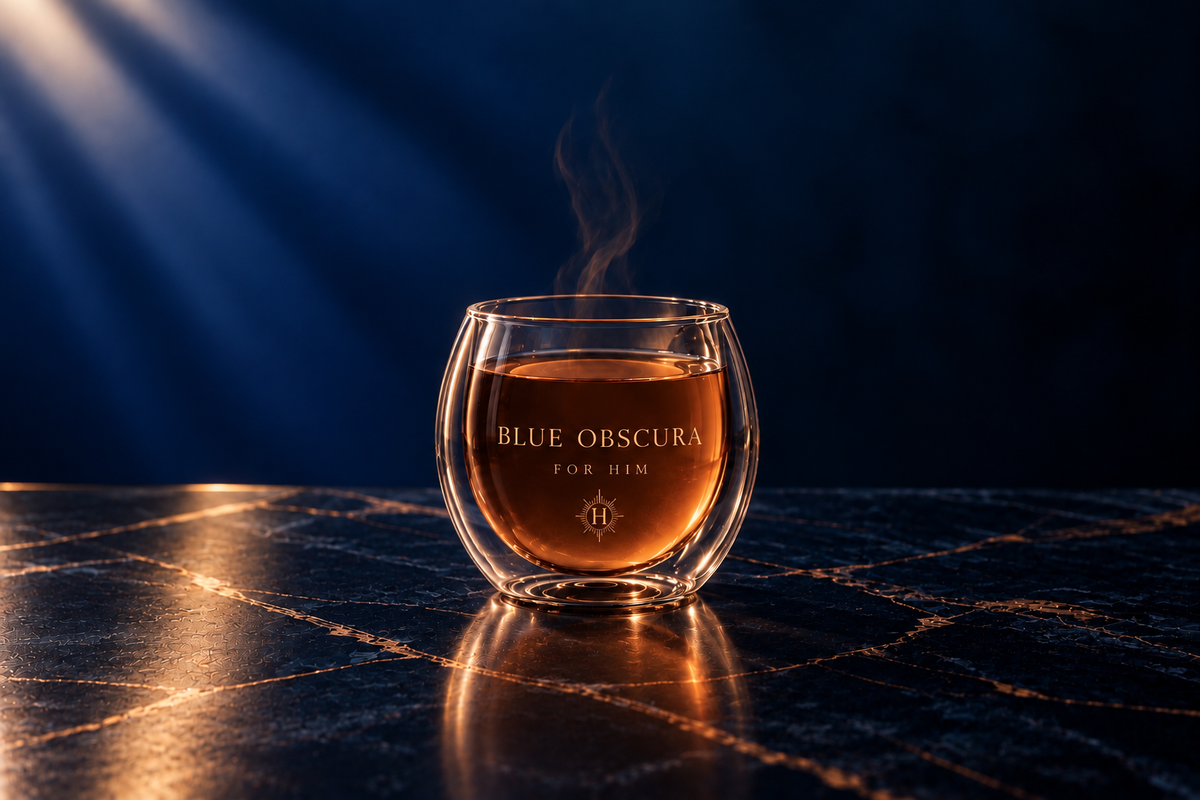 Blue Obscura For Him par Hazellia, mug signature en verre double paroi avec infusion ambrée sur marbre bleu encre veiné bronze.