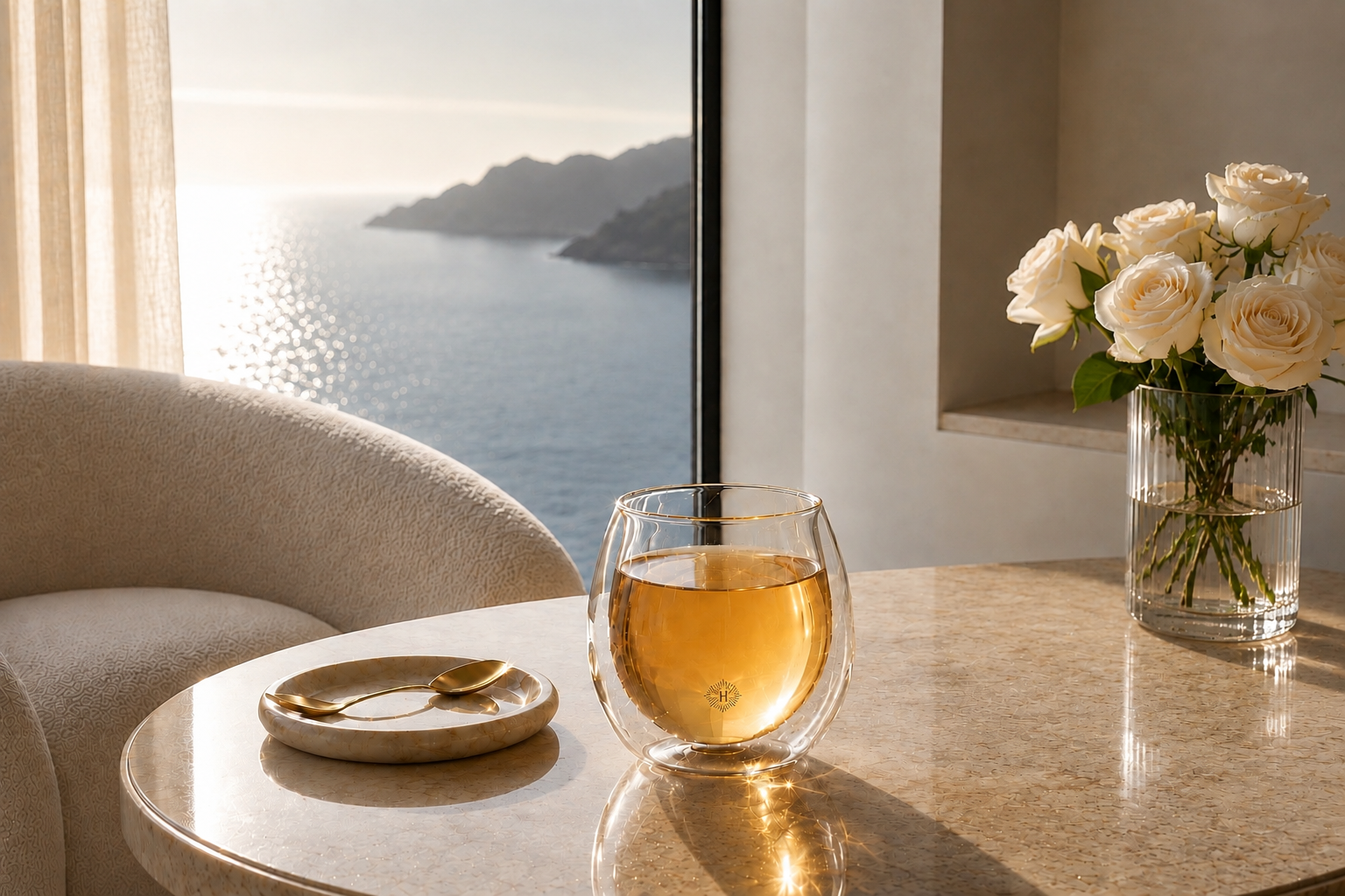 Rituel Radieux Hazellia – intérieur contemporain premium, mug en verre double paroi, infusion claire et lumineuse, décoration ivoire et champagne, ambiance slow living, univers Ivory Prism et bien-être féminin.
