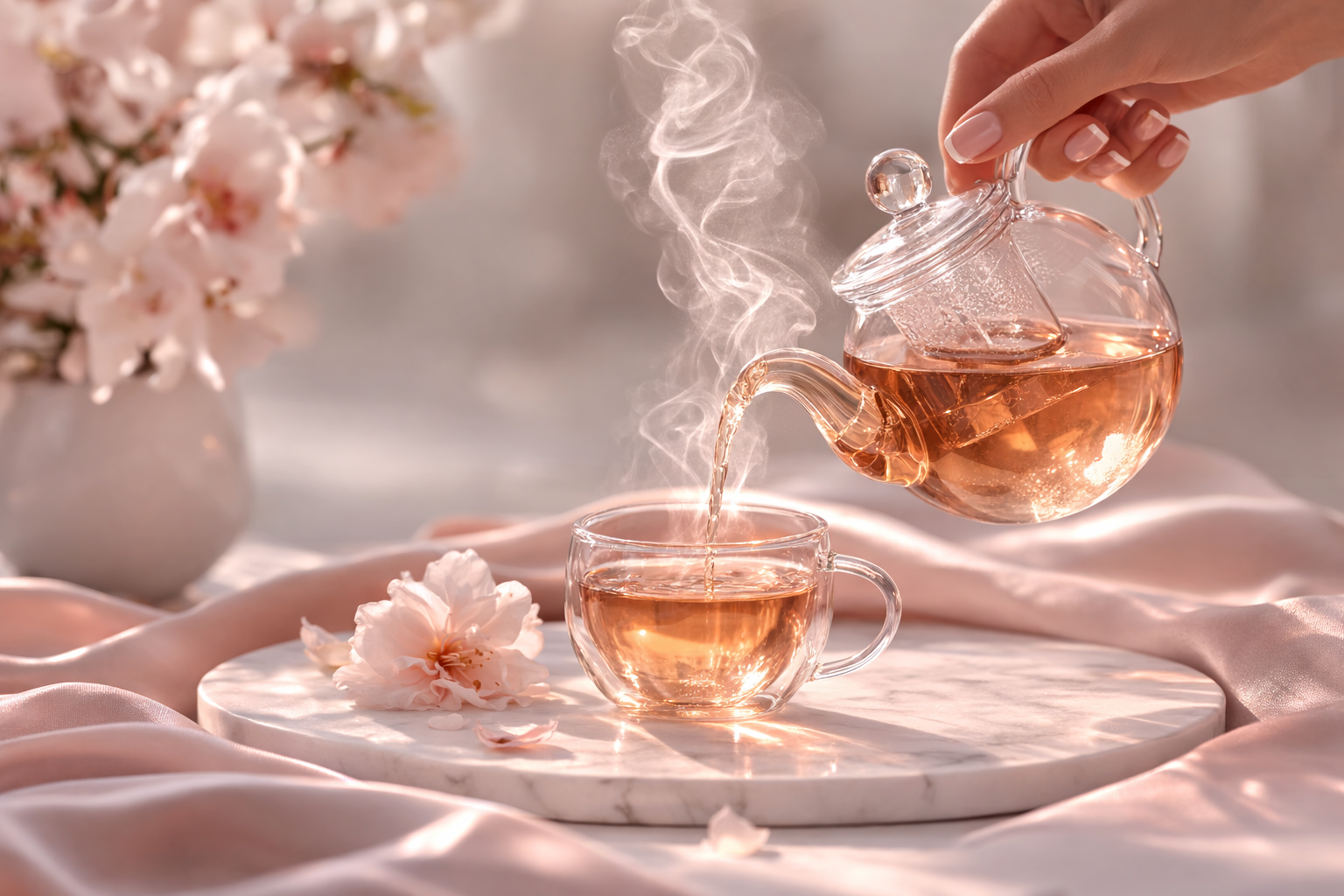 Rituel féminin Hazellia avec infusion versée dans une tasse en verre double paroi, vapeur visible et fleur rose sur plateau marbre dans une ambiance slow living et bien-être