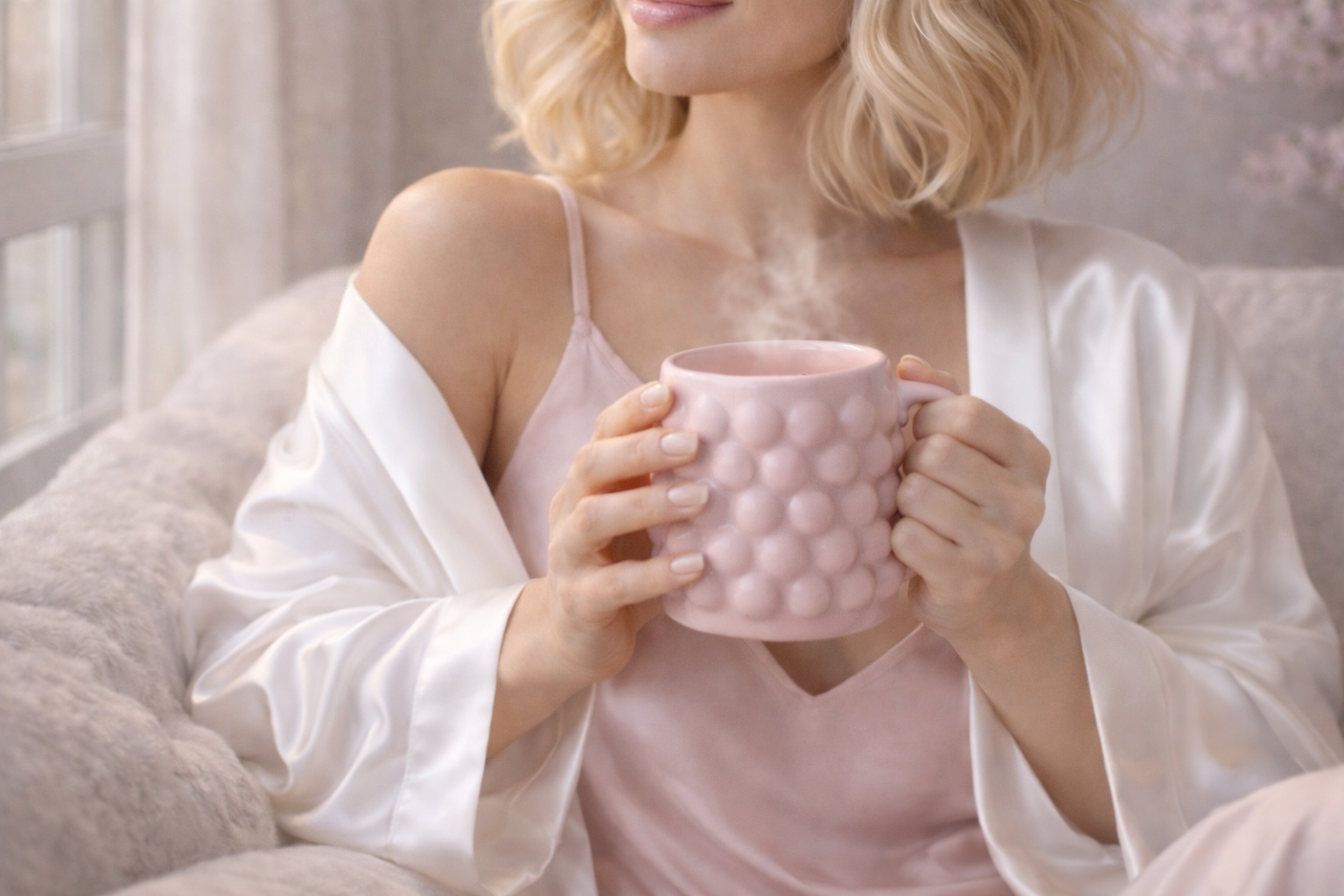 Femme en peignoir satin tenant une tasse rose fumante, moment cocooning et rituel bien-être Hazellia.