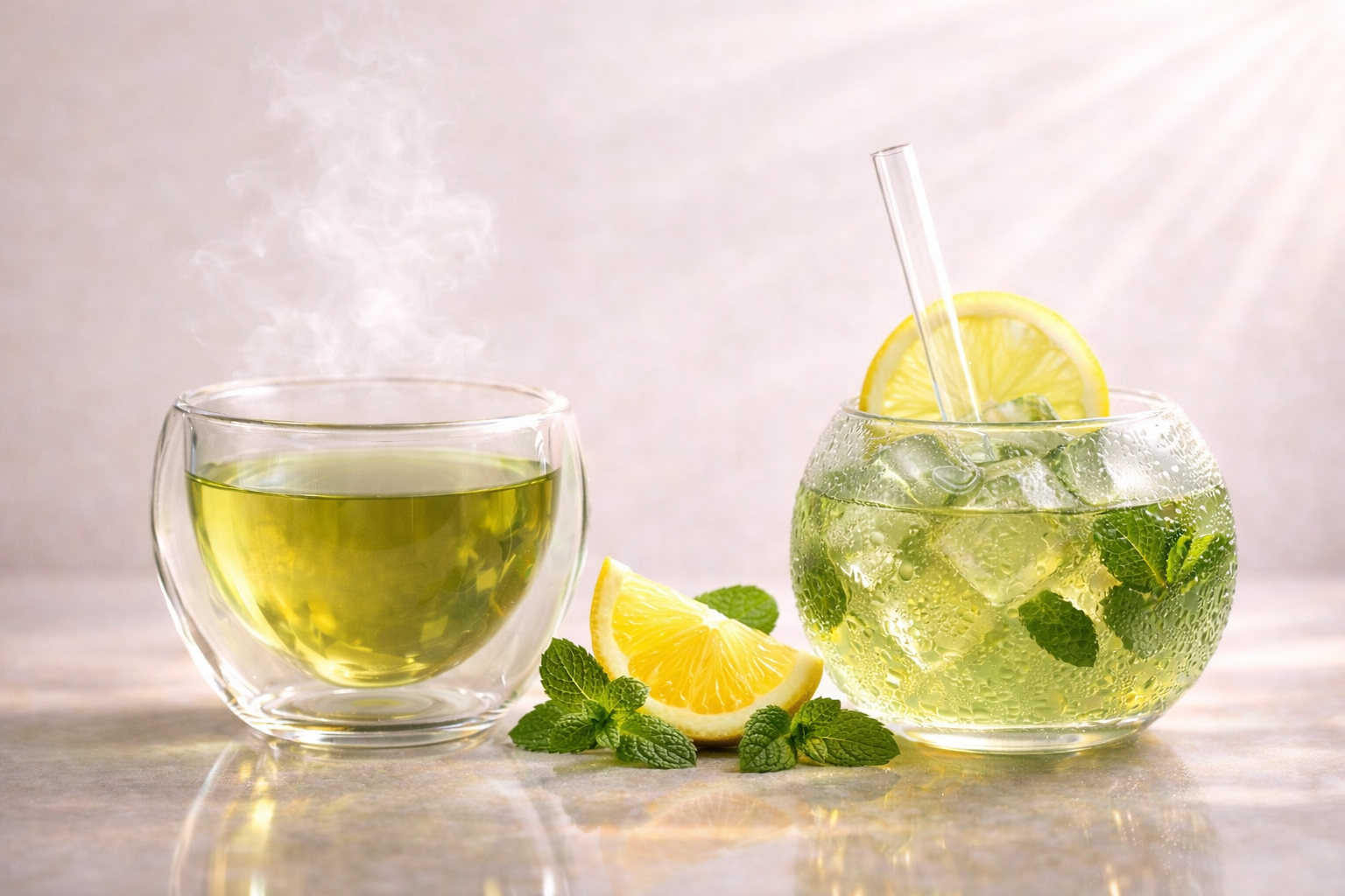 Infusion verte GlowTox Hazellia servie chaude et glacée, thé vert bio dans un verre double paroi et un verre avec glaçons, citron et menthe, ambiance lumineuse premium.
