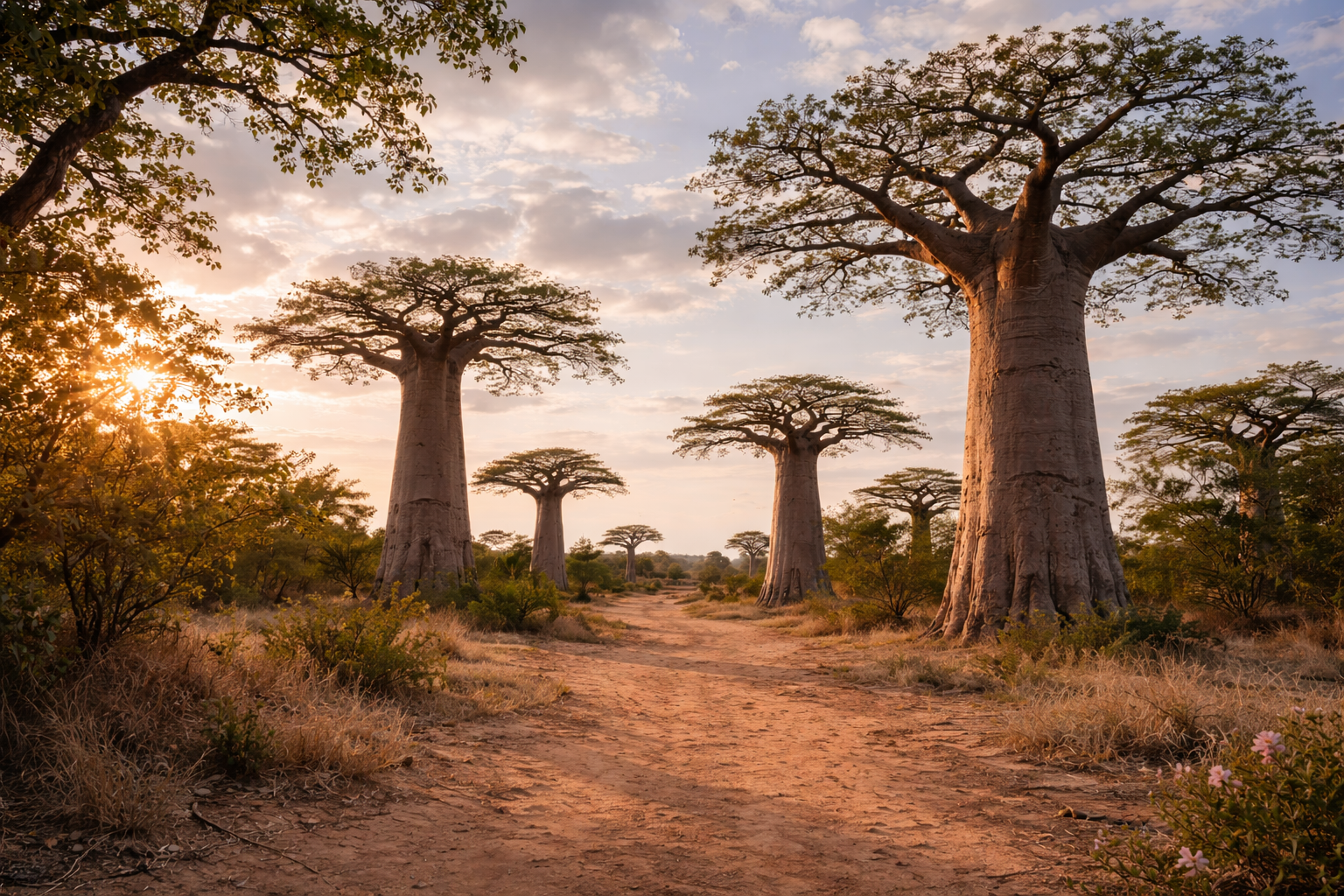 paysage de baobabs au coucher de soleil au Sénégal, nature sauvage et lumière dorée, atmosphère apaisante et voyage authentique