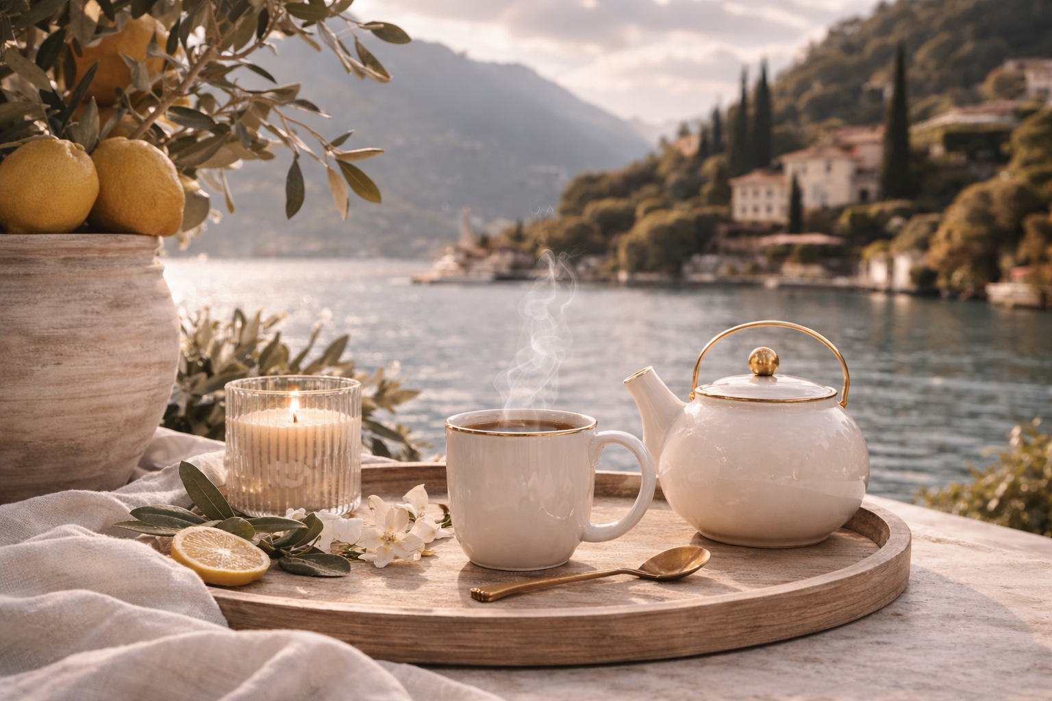 Rituel d’infusion italien avec thé chaud, citron et vue sur la mer dans l’esprit Dolce Vita