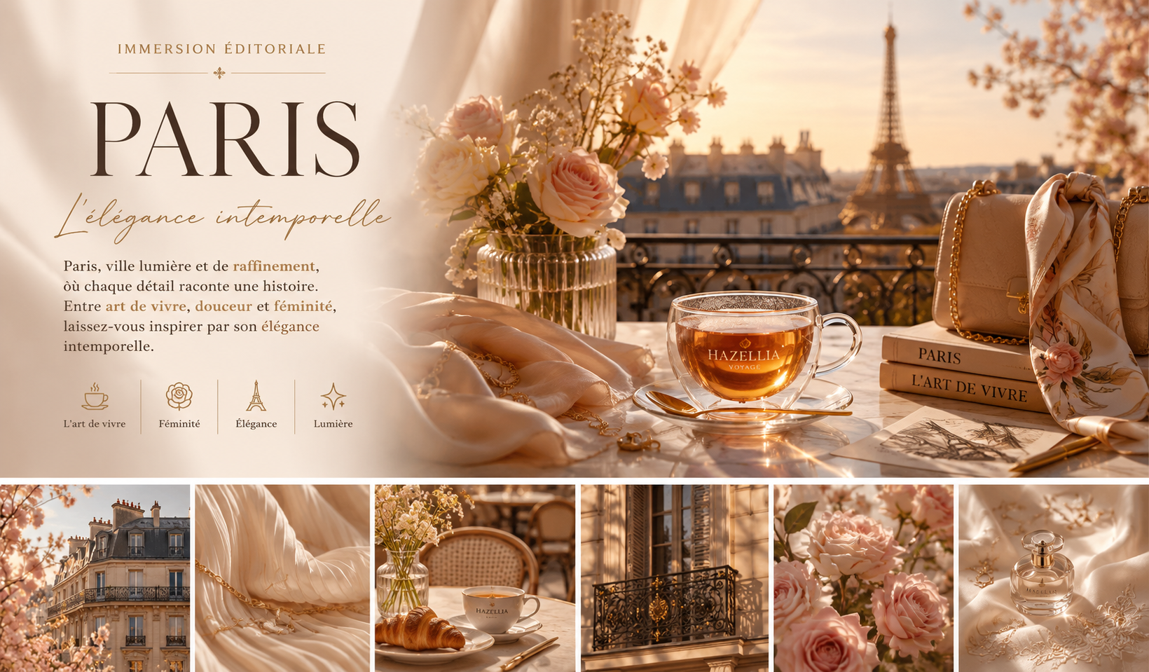 Immersion éditoriale Paris Hazellia Voyage avec infusion élégante et ambiance parisienne luxueuse