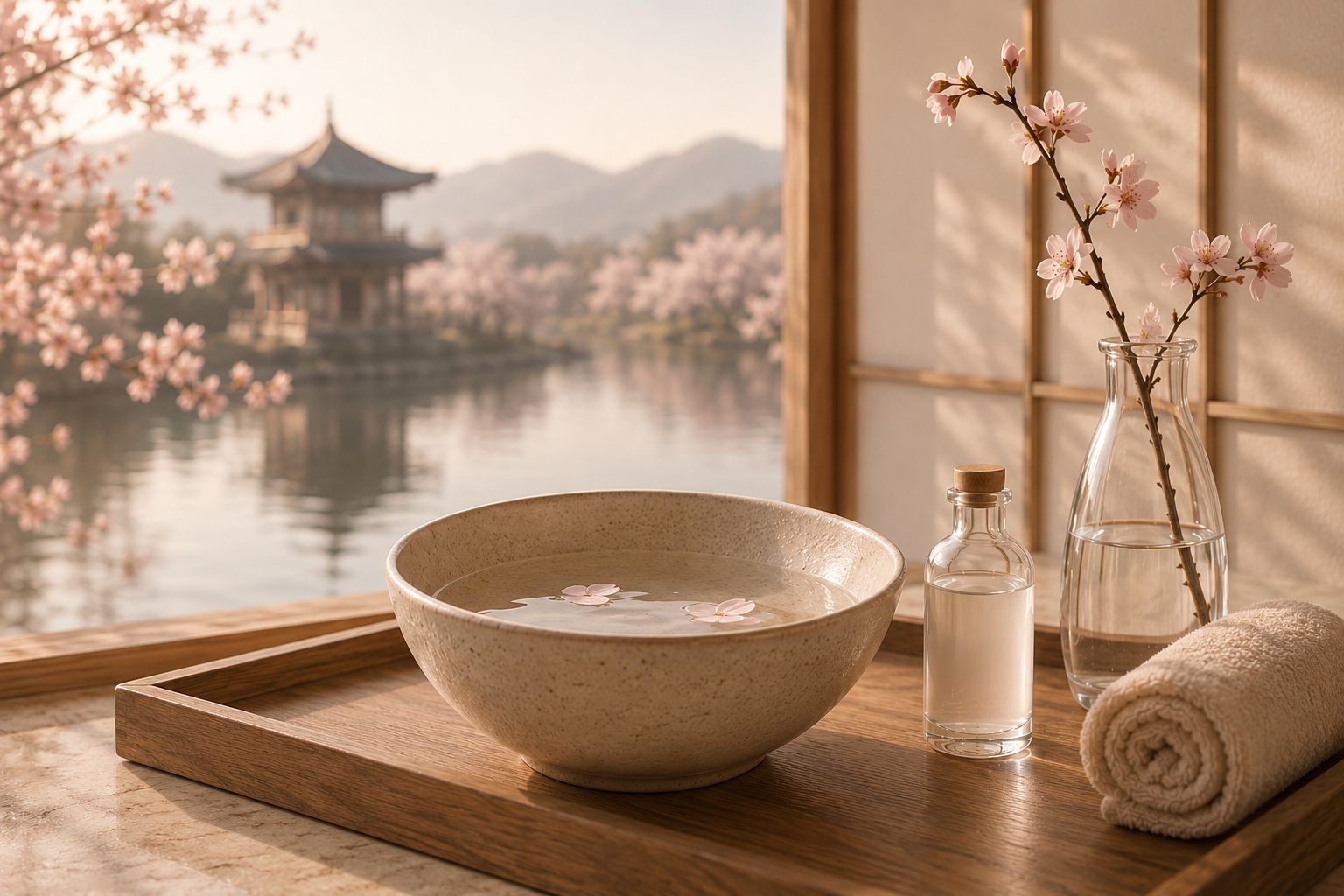 Beauté japonaise inspirée des rituels Sakura, eau de riz, serviettes de soin et branches de cerisier dans un univers luxe et apaisant Hazellia Voyage
