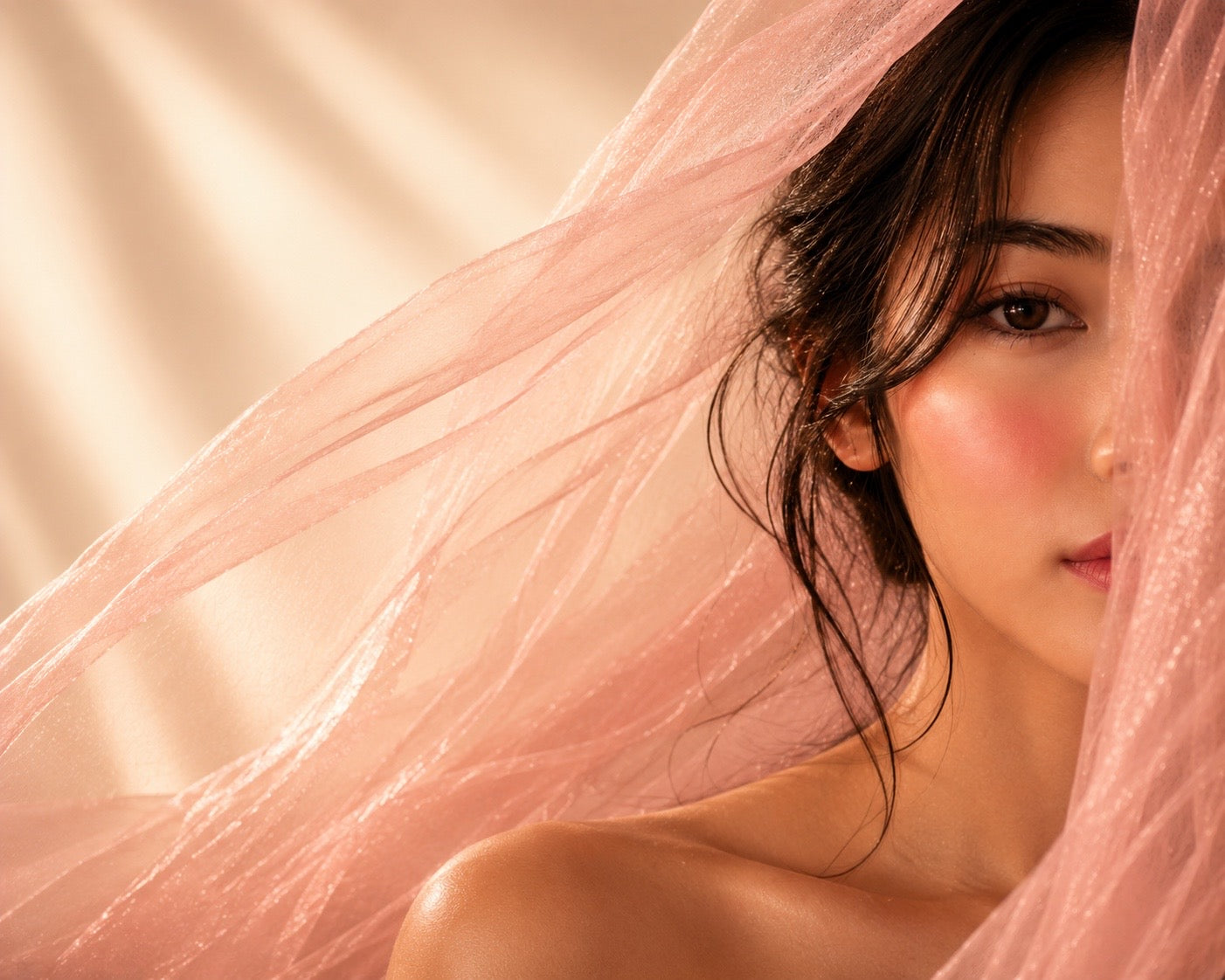 Portrait d’une femme inspirée du Japon avec voile rose BerryGlow, regard délicat et lumière dorée, univers de l’infusion BerryGlow Hazellia.