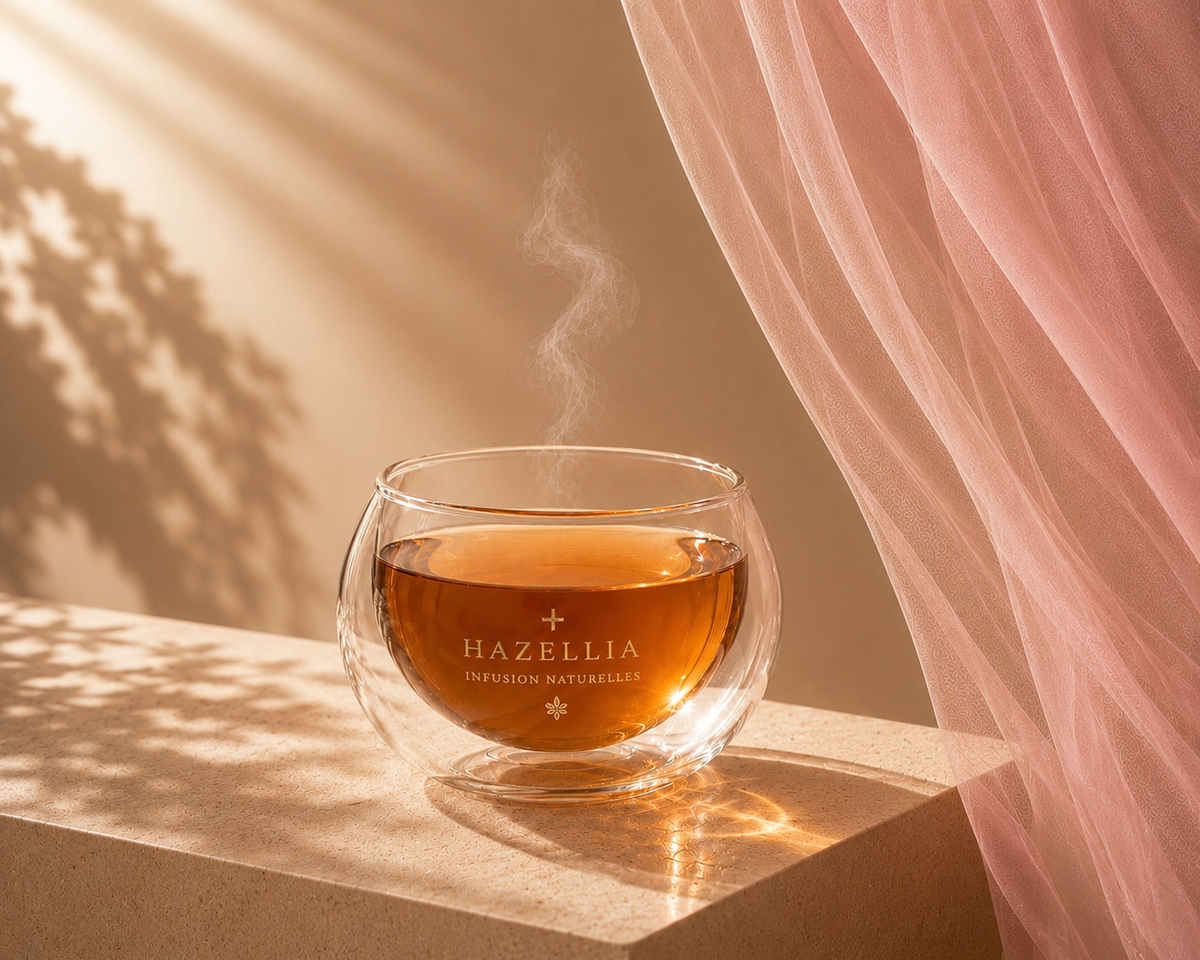 Infusion Rose Ritual Hazellia dans un mug double paroi, voile rose poudré et lumière champagne – rituel féminin glamour