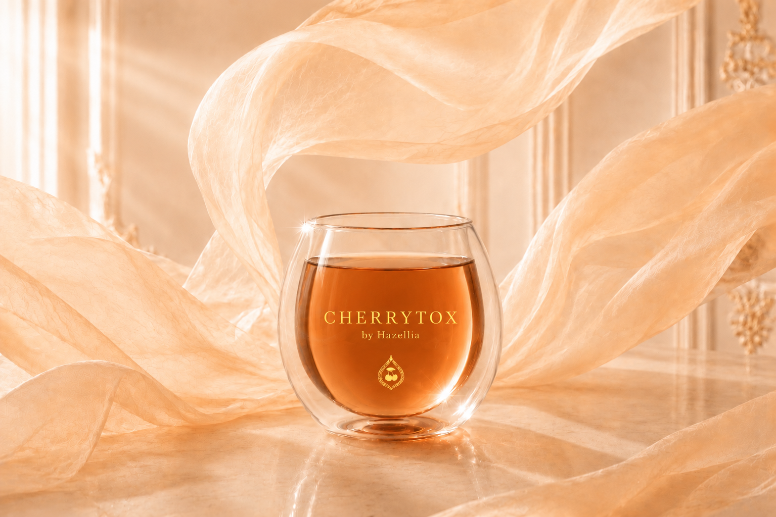 Infusion CherryTox Hazellia dans un mug en verre double paroi, satin pêche lumineux et lumière douce, univers légèreté, équilibre et élégance naturelle.