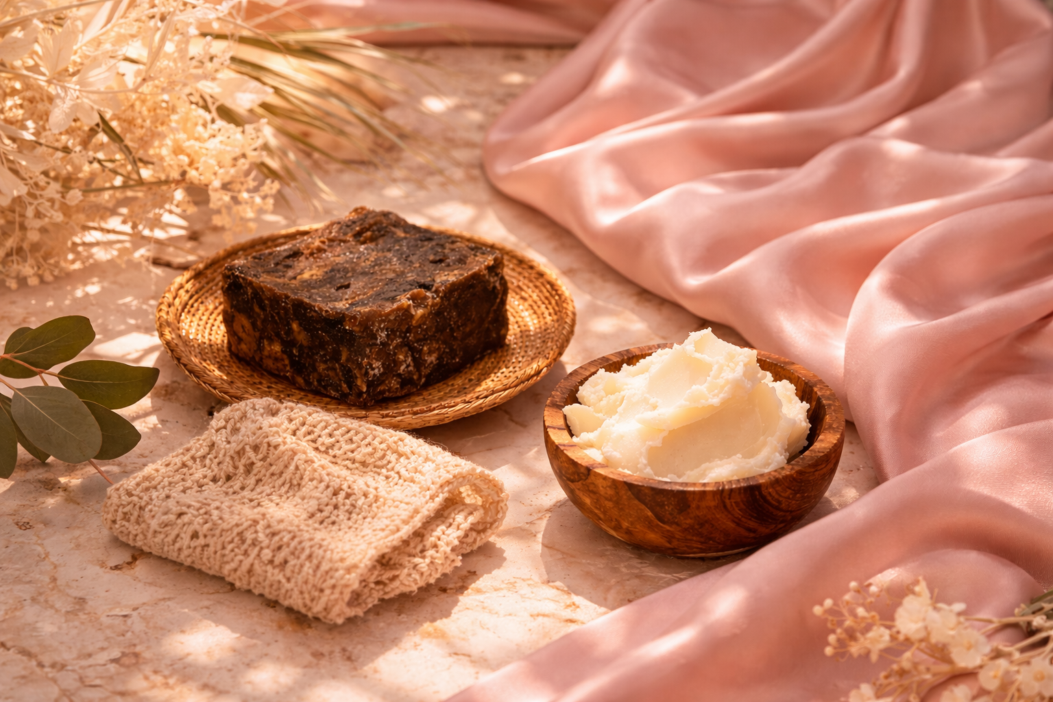 Rituel beauté africain inspiré du Sénégal avec savon noir, filet exfoliant et beurre de karité sur satin rose poudré, lumière dorée chaleureuse Hazellia.