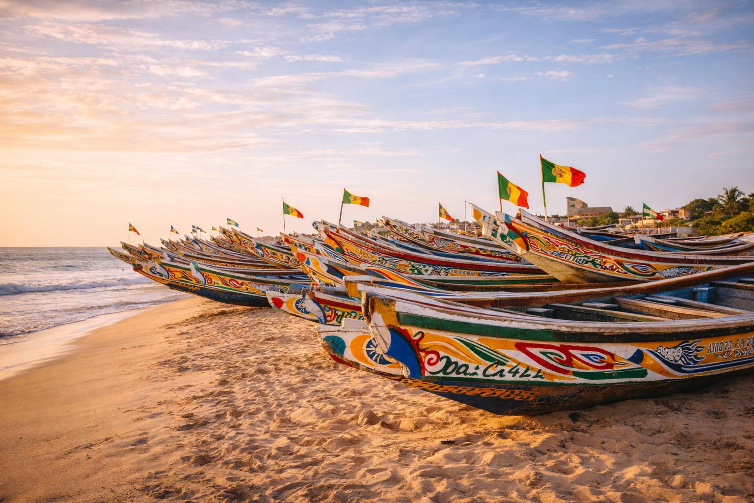 Barques traditionnelles sénégalaises sur la plage avec drapeaux et lumière dorée, invitation au voyage Hazellia.