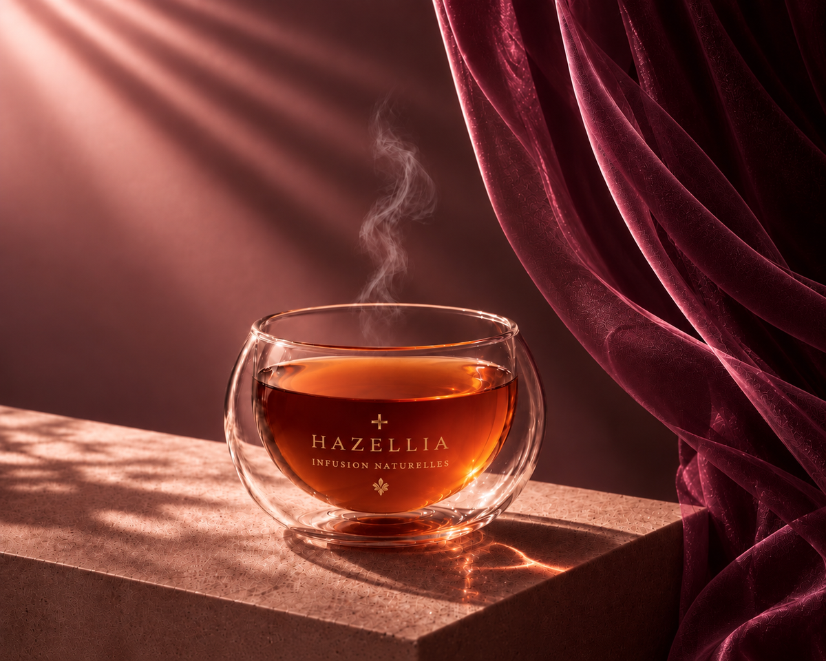 Infusion Velvet Songe Hazellia dans un mug cristal, mise en scène avec un voile prune velouté dans une ambiance chaude, sensuelle et premium.