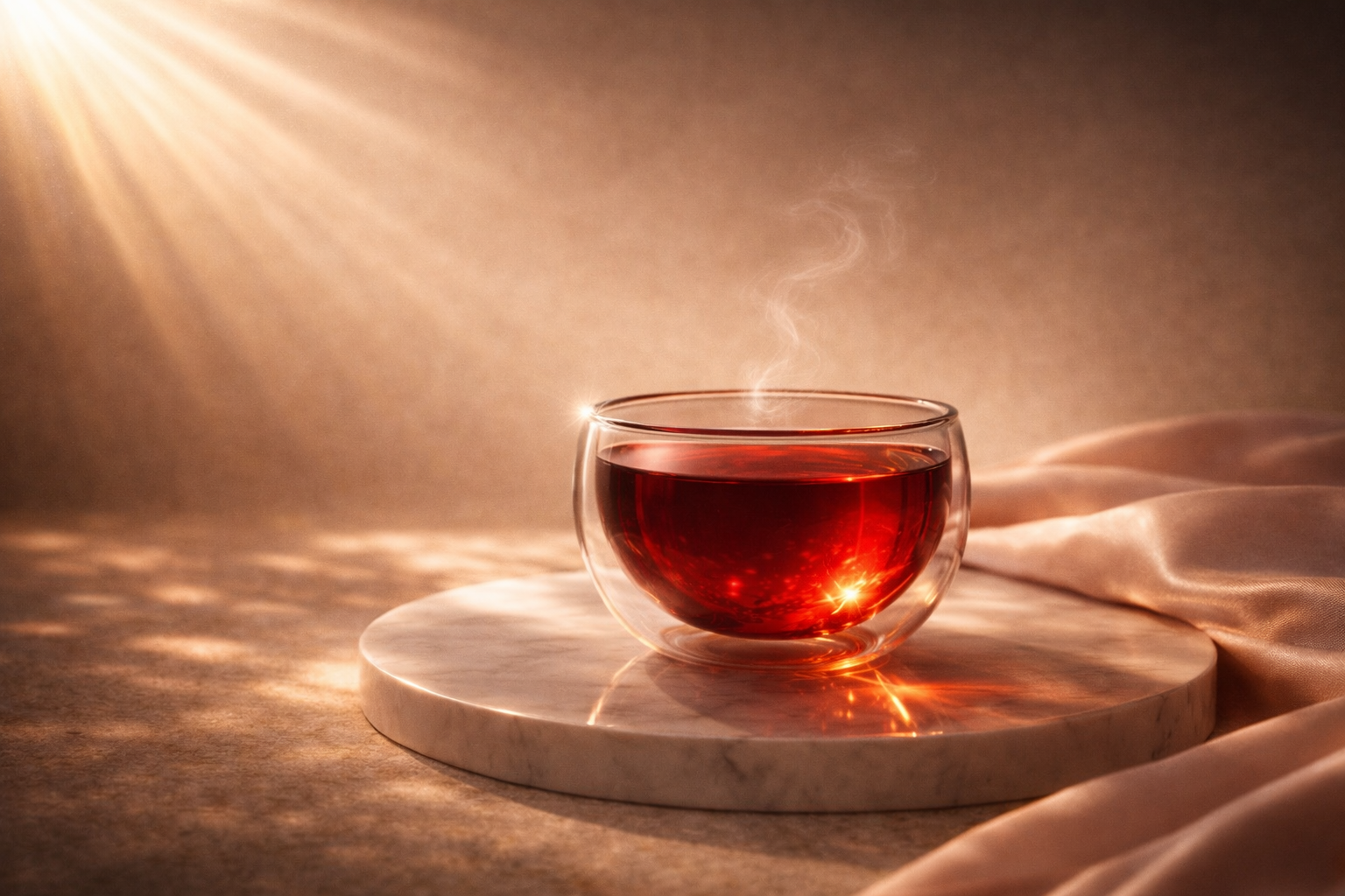 Infusion hibiscus rouge dans une tasse en verre avec lumière dorée sur plateau en marbre, rituel féminin Hazellia