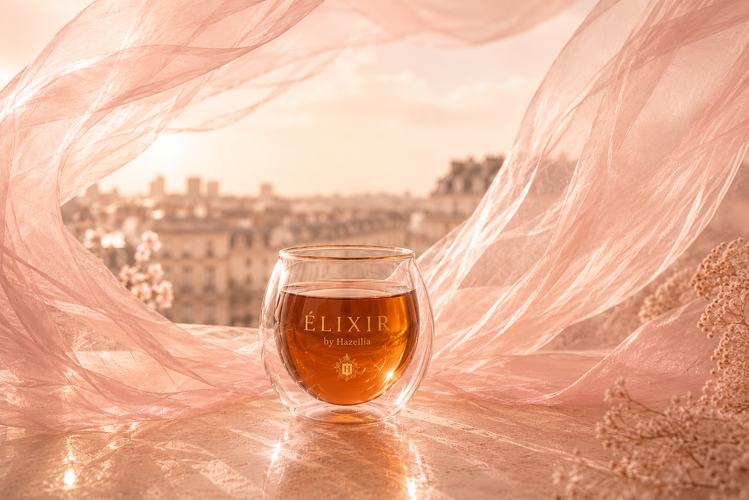 Infusion Pink Elixir Hazellia dans un mug en verre double paroi, voile rose poudré et lumière nacrée, univers romantique, délicatesse et féminité.