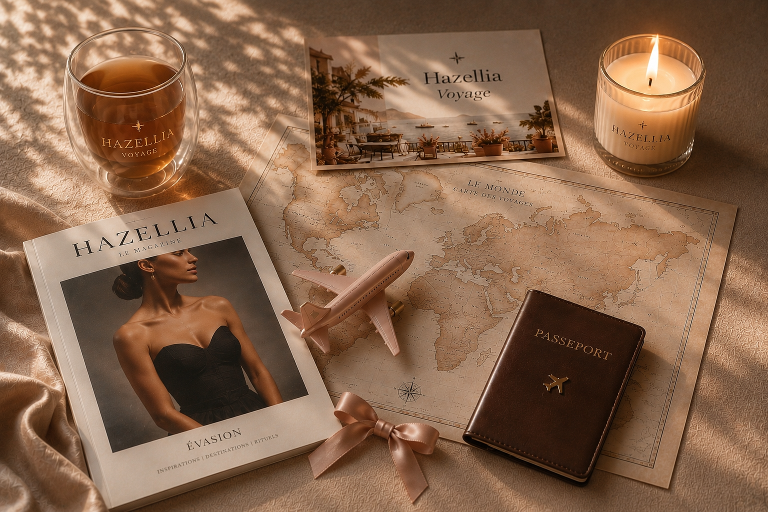 Flat lay premium Hazellia Voyage aux tons beige, ivoire et chocolat avec ambiance voyage féminin et art de vivre élégant