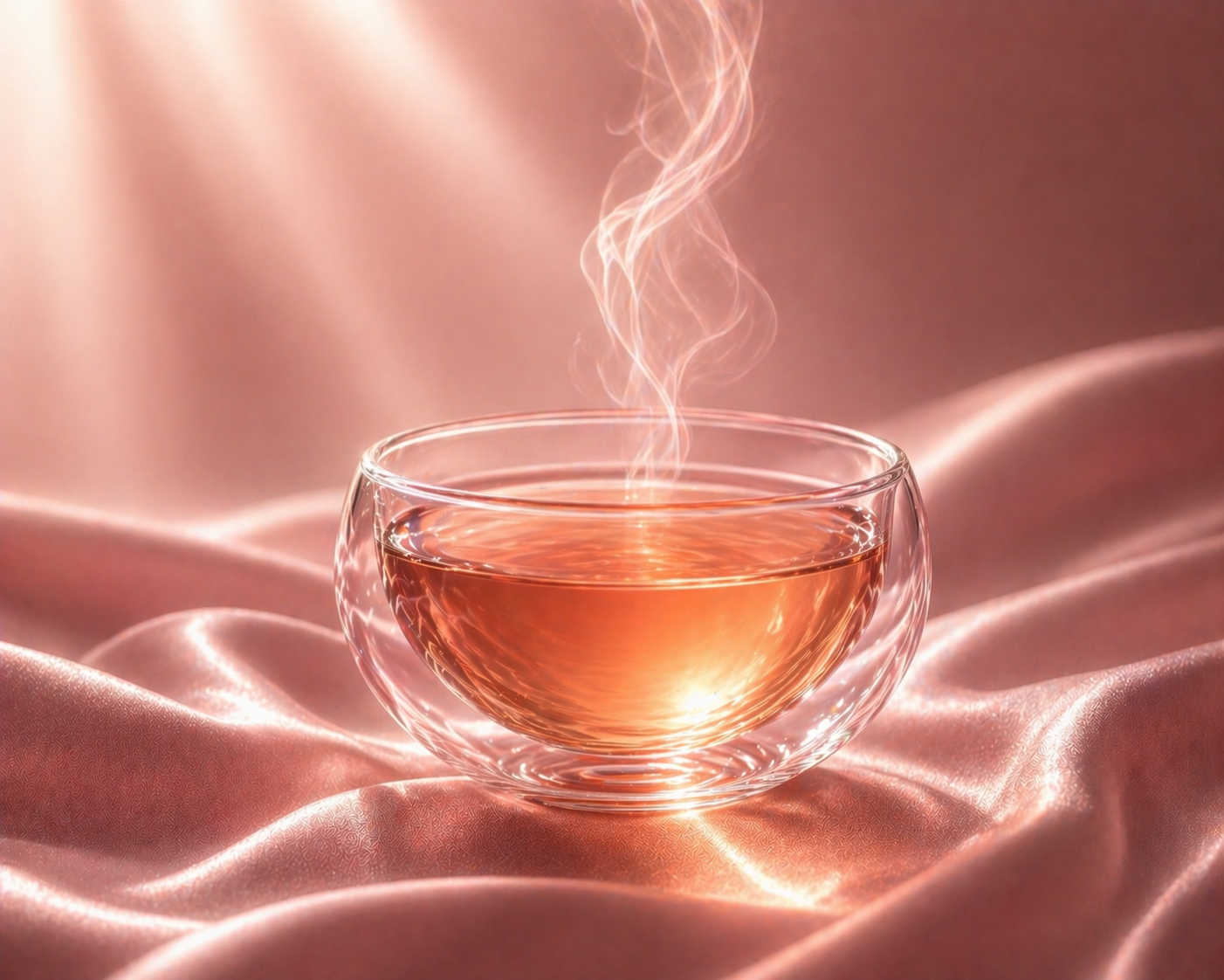 Infusion thé fruits rouges Pink Élixir Hazellia dans une tasse en verre double paroi, boisson chaude bien-être, rituel féminin éclat et douceur, ambiance satin rose poudré luxe