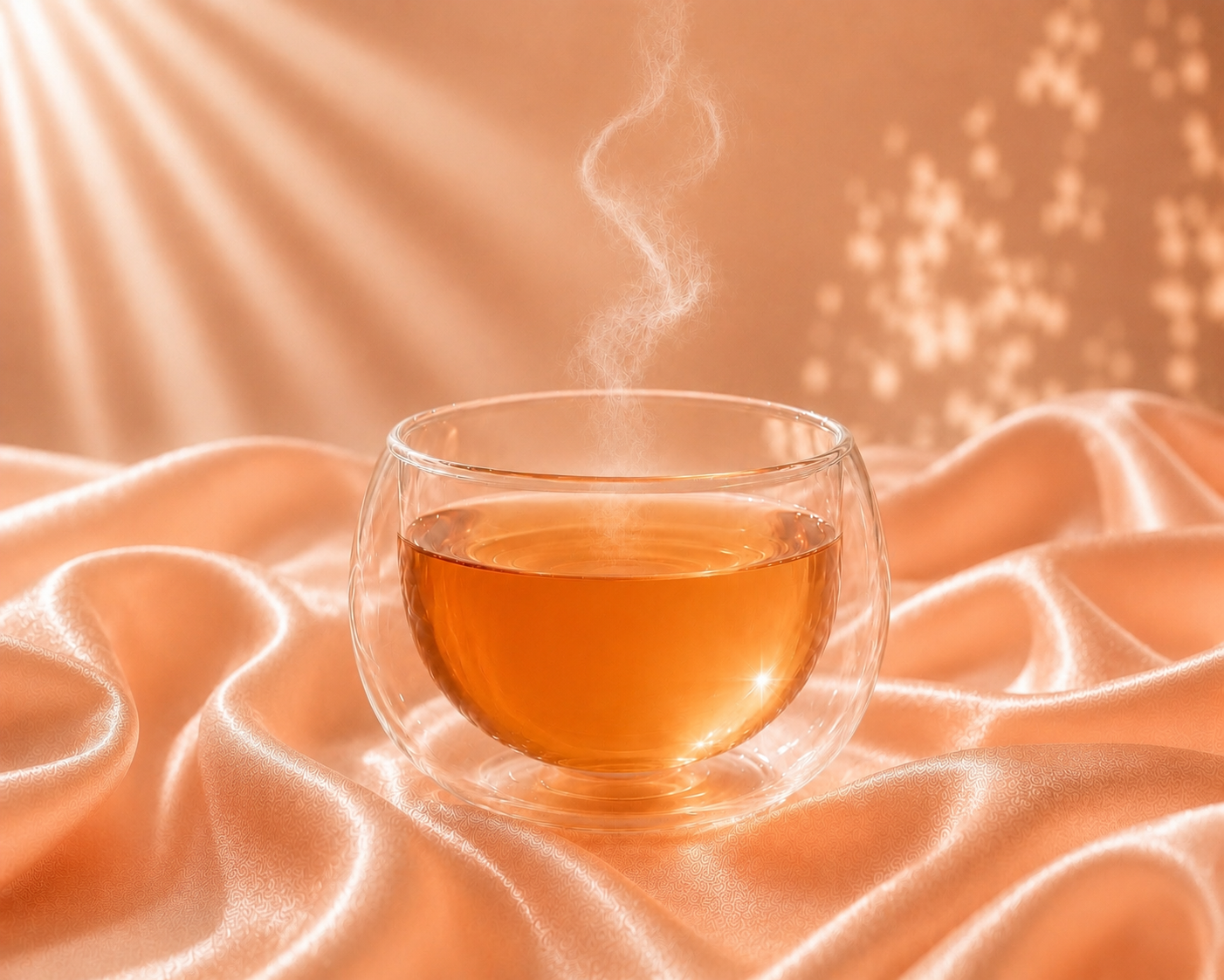 Amber Kiss by Hazellia, infusion bio ambrée aux notes fruitées, servie dans un mug en verre double paroi sur un satin pêche lumineux.
