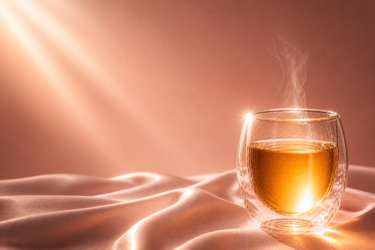 Infusion dorée lumineuse dans un verre double paroi sur tissu satin rose, ambiance luxe, rituel beauté, éclat naturel et bien-être féminin Hazellia