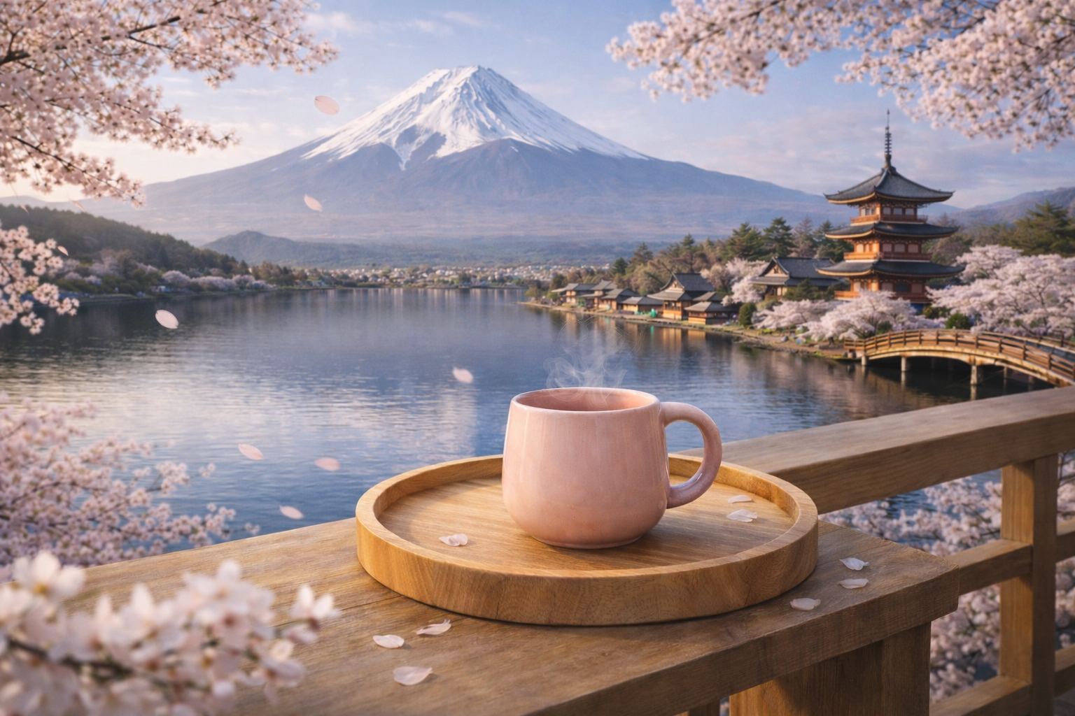 Tasse d’infusion chaude Hazellia sur un plateau en bois face au Mont Fuji et aux cerisiers en fleurs, ambiance zen et rituel féminin apaisant.