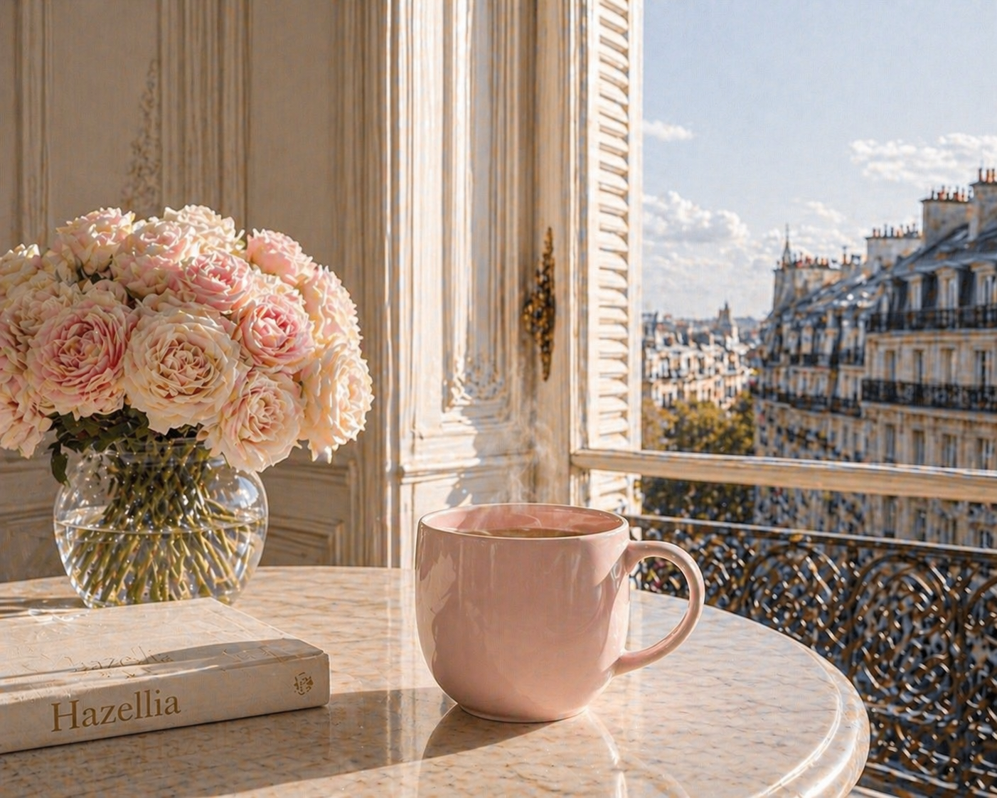 infusion à la rose Rose Ritual Hazellia ambiance Paris élégance mug rose fleurs balcon haussmannien lumière naturelle